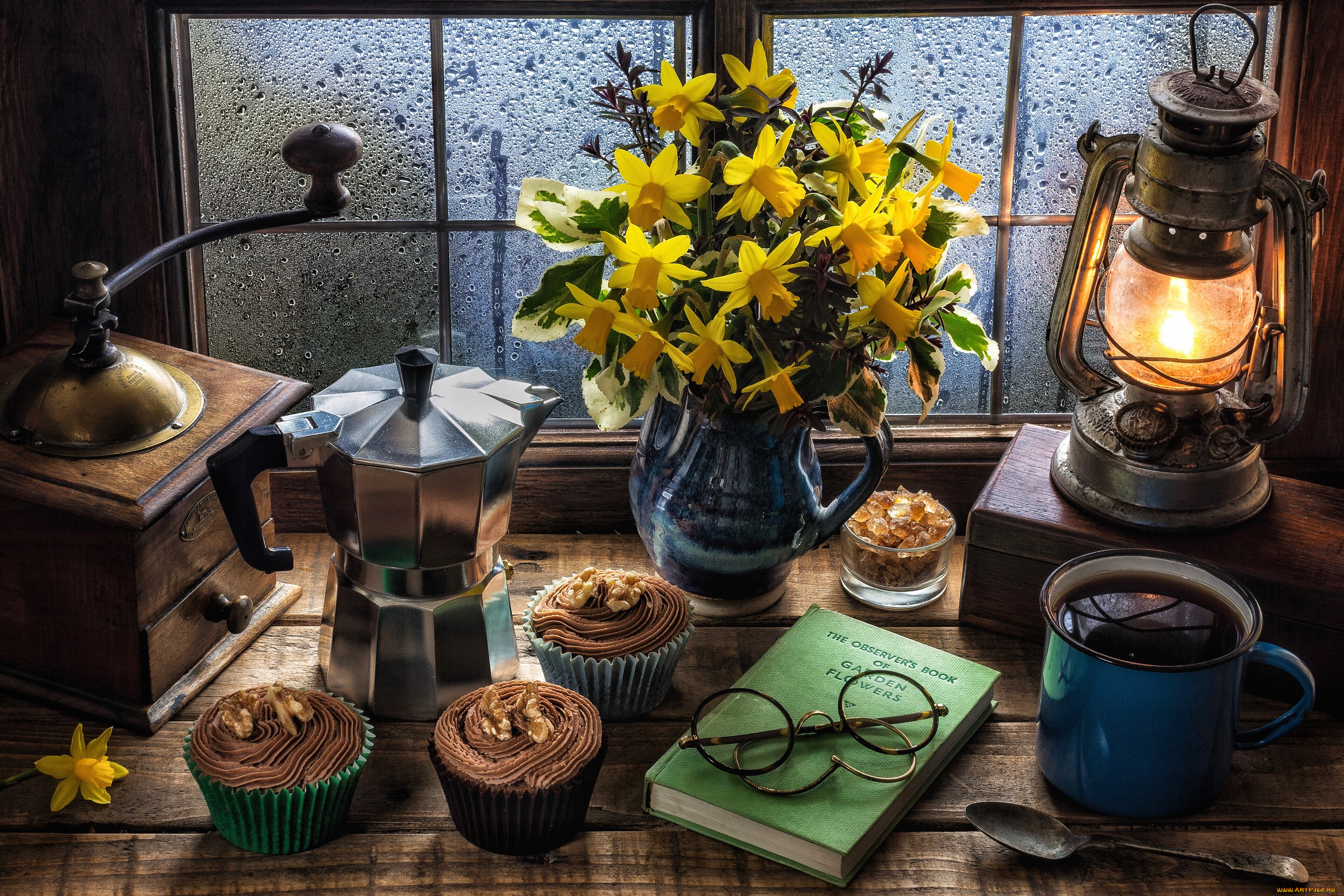 еда, натюрморт, цветы, вкусно, чай, крем, кекс, нарциссы