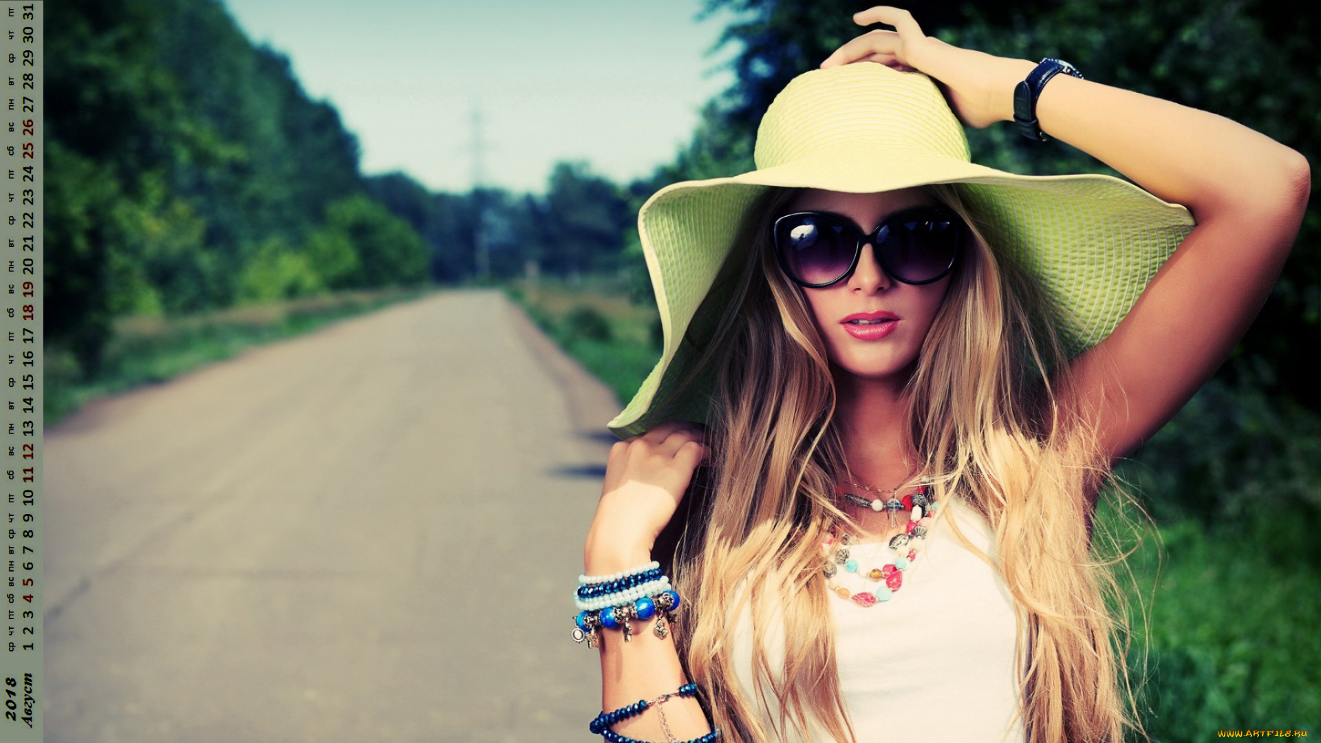календари, девушки, шляпа, взгляд, очки, дорога