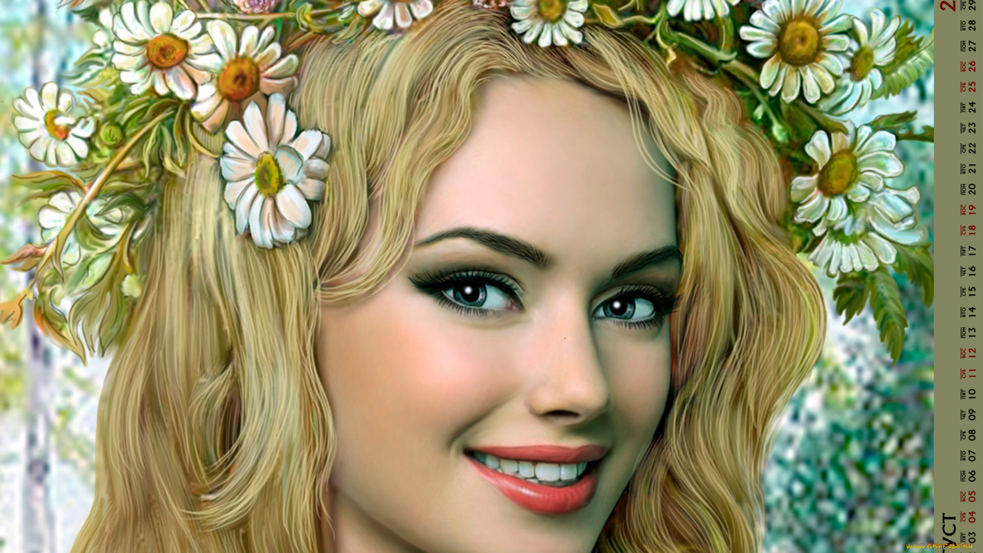 календари, рисованные, , векторная, графика, взгляд, венок, лицо, девушка