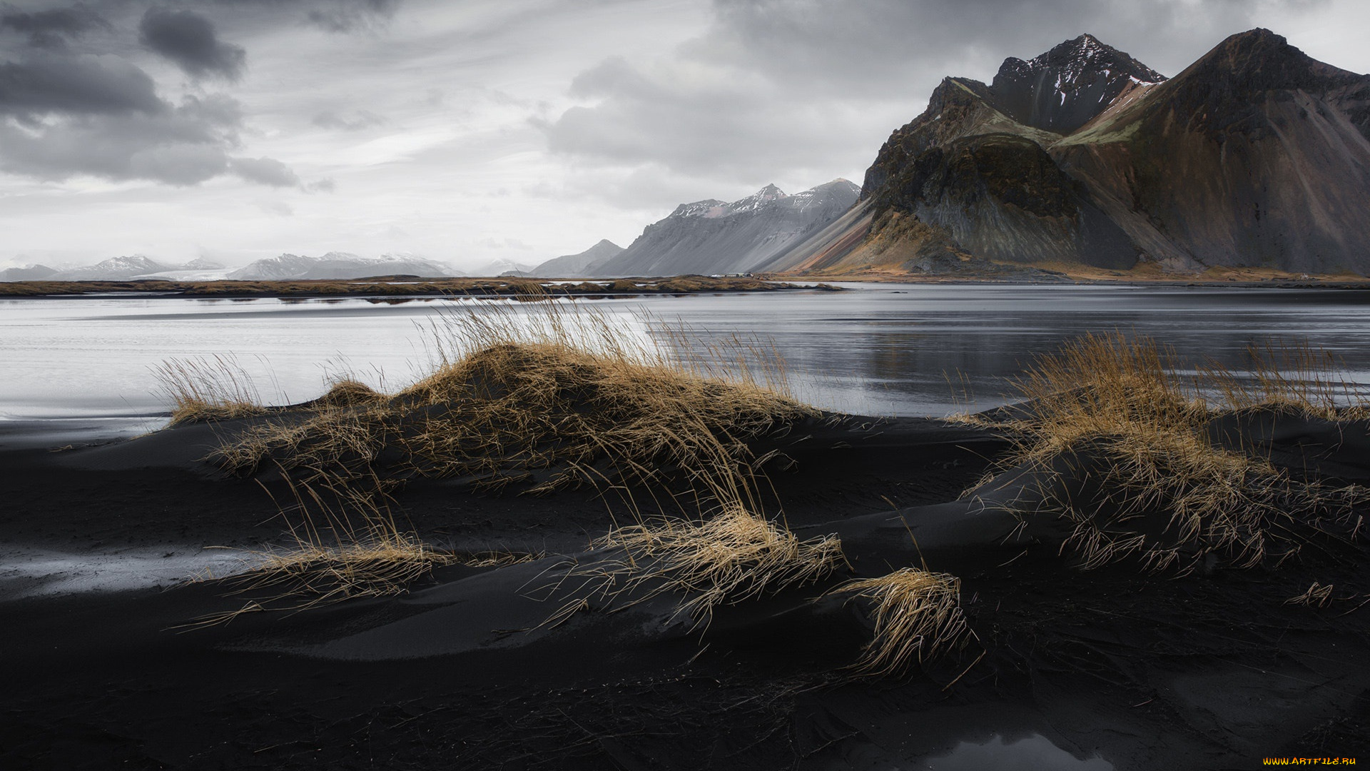 природа, горы, серый, день, тучи, исландия, небо