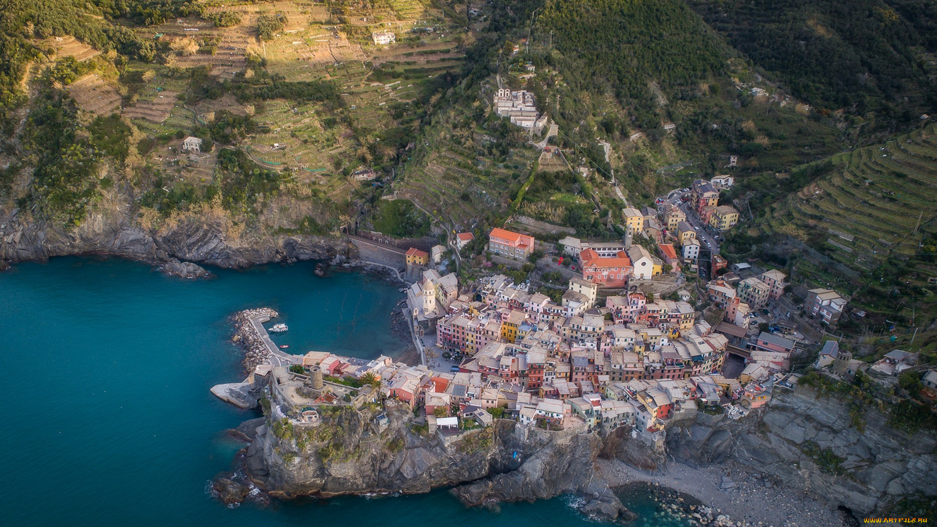 vernazza, aerial, города, амальфийское, и, лигурийское, побережье, , италия, простор