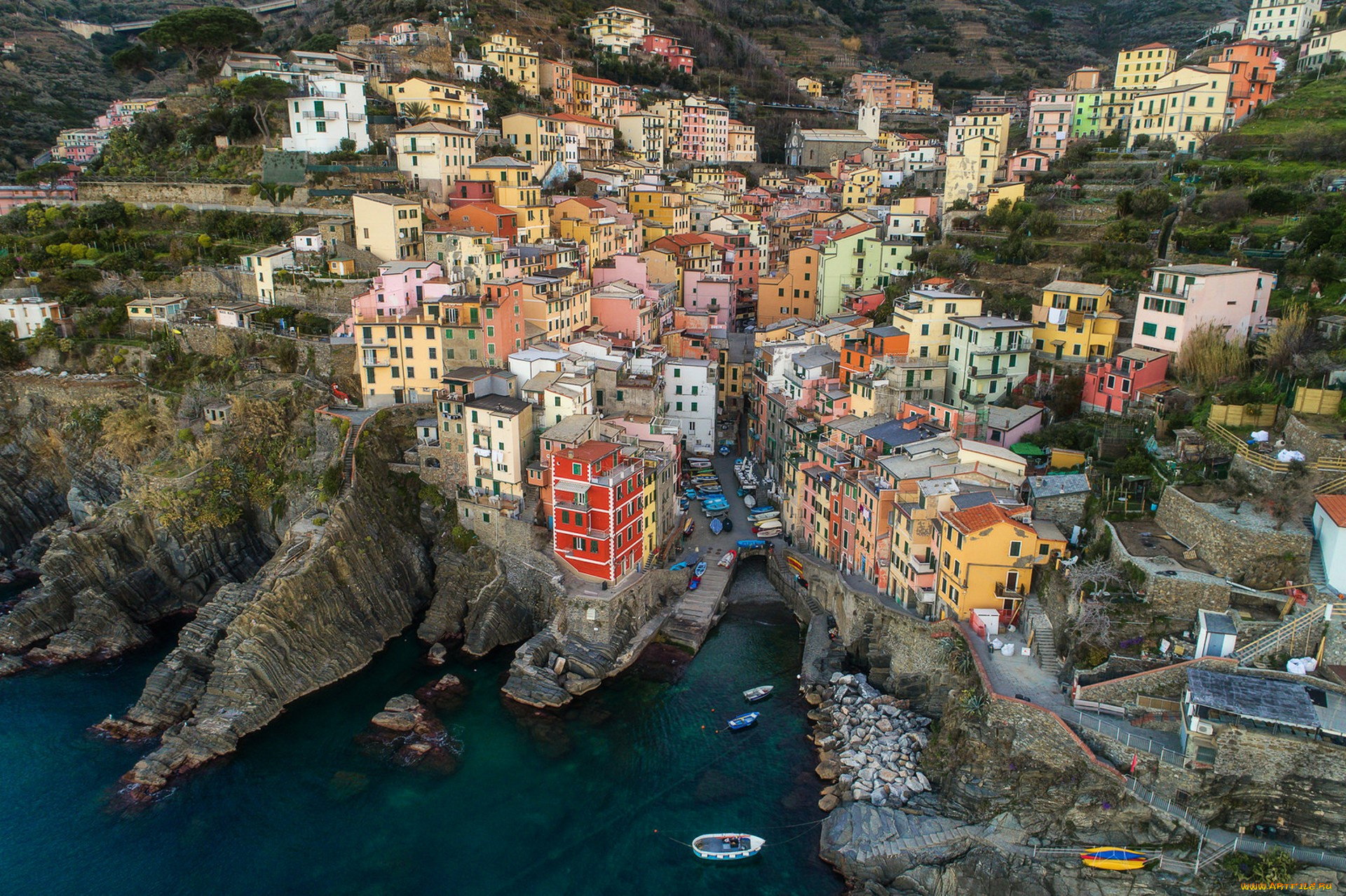 riomaggiore, aerial, города, амальфийское, и, лигурийское, побережье, , италия, простор