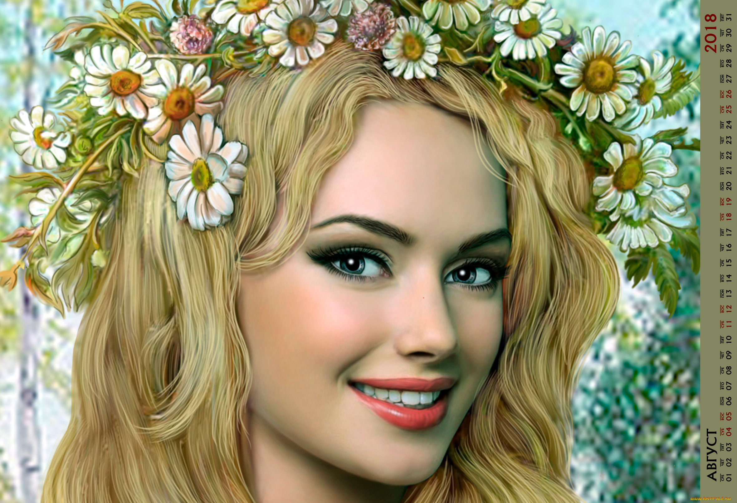 календари, рисованные, , векторная, графика, взгляд, венок, лицо, девушка