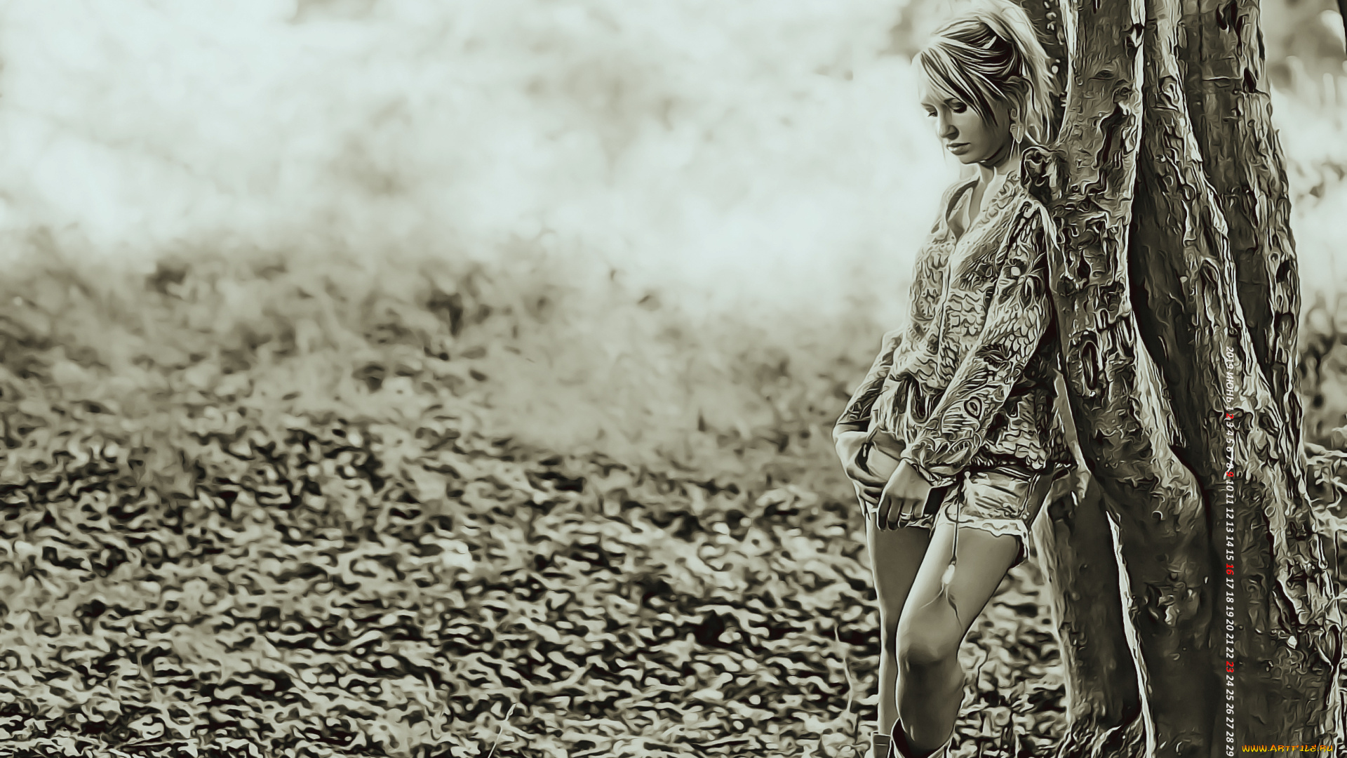 календари, компьютерный, дизайн, девушка, стоять, женщина, дерево, 2019, calendar