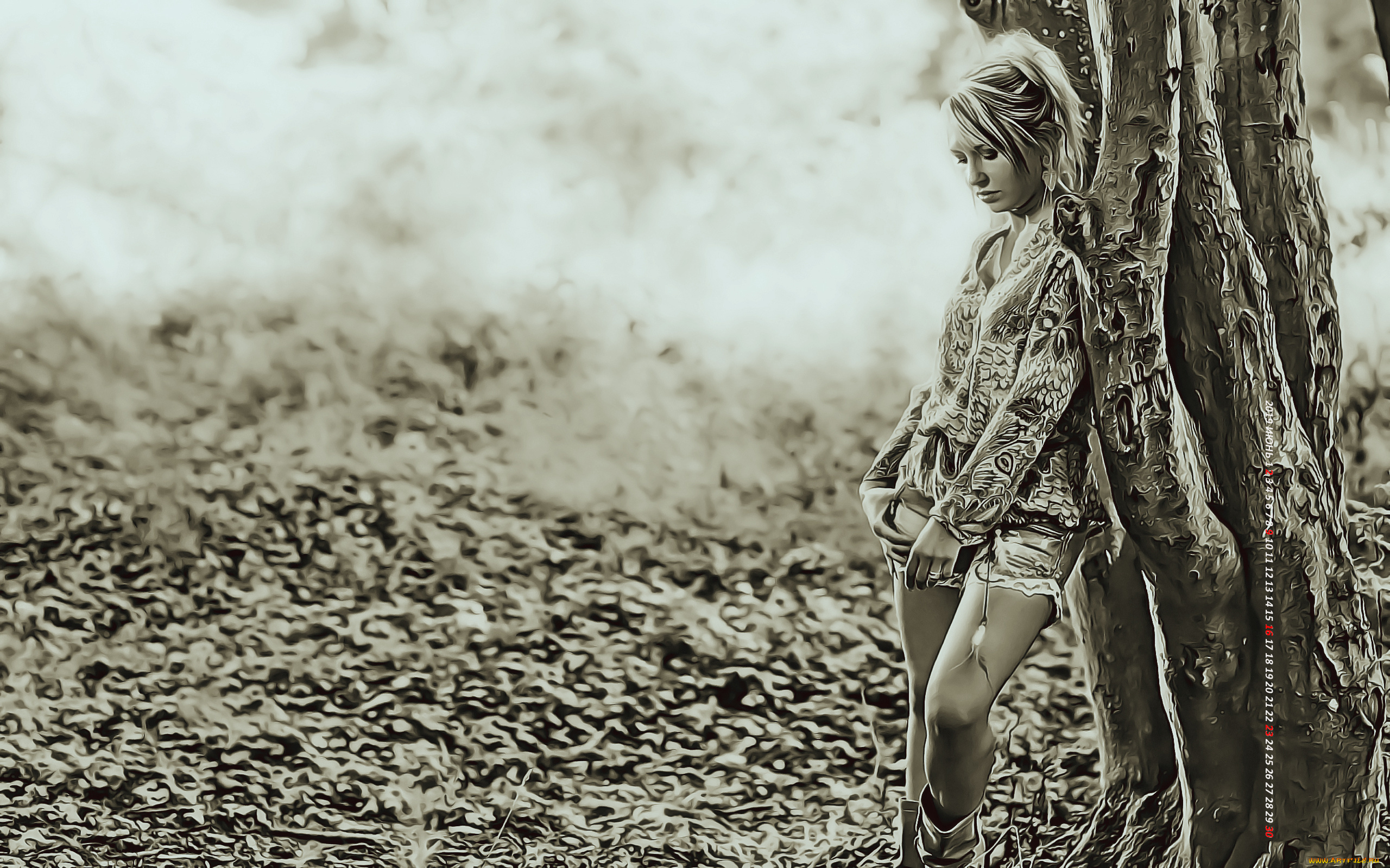 календари, компьютерный, дизайн, девушка, стоять, женщина, дерево, 2019, calendar