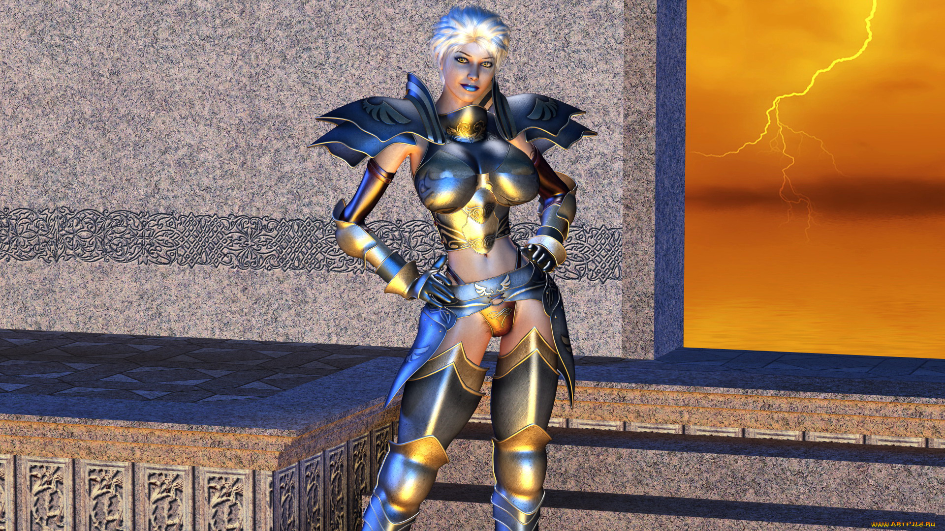 3д, графика, фантазия, , fantasy, девушка, фон, взгляд, латы