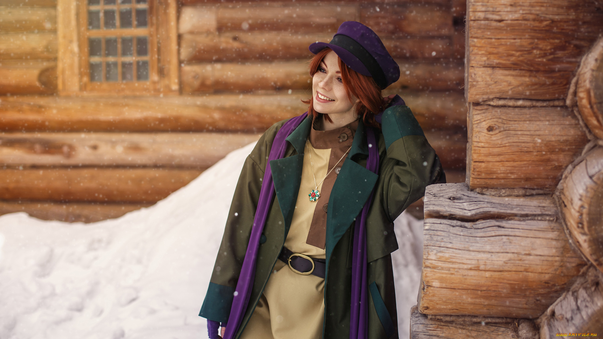 девушки, екатерина, семадени, анастасия, косплей, кепка, рыжая, кулон, перчатки, снег, изба