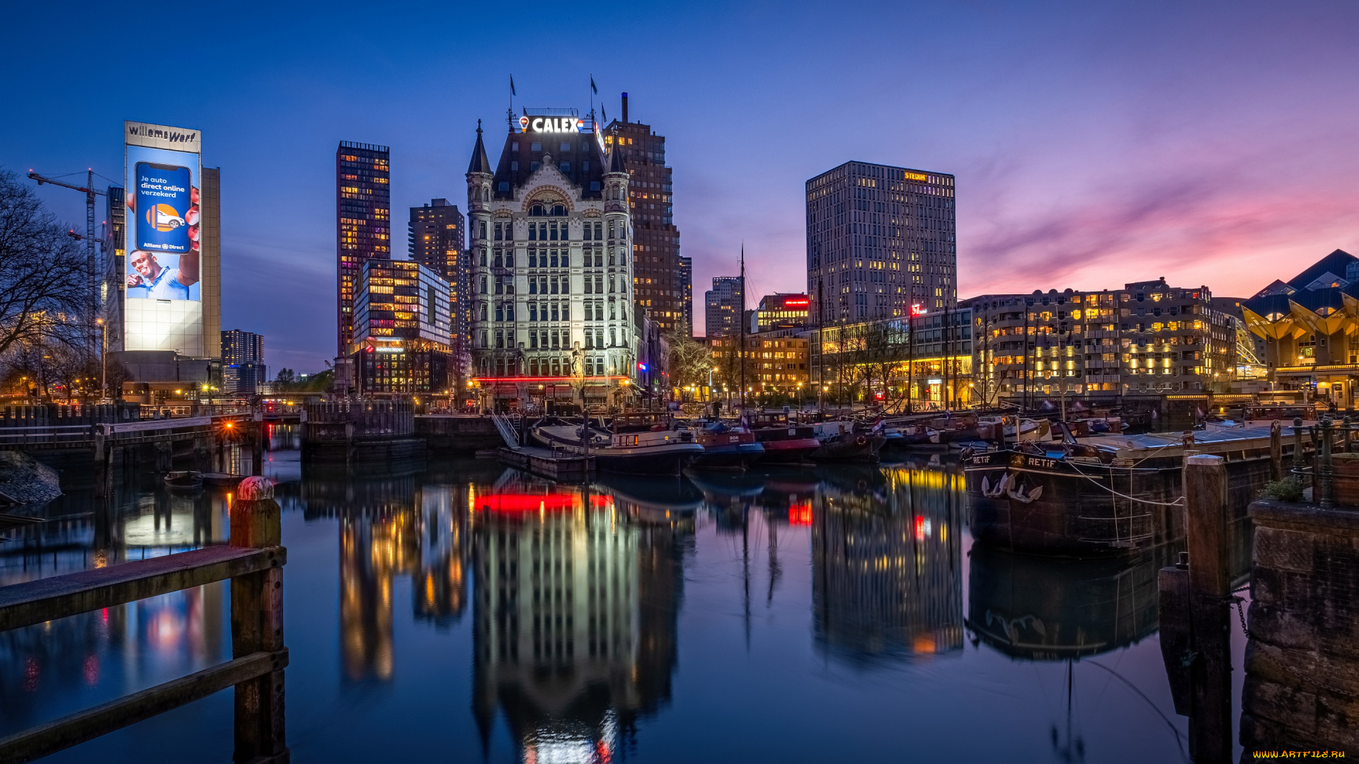 города, -, огни, ночного, города, роттердам, старая, гавань, вечер, закат, лодки, здания, городской, вид, ваинхавен, нидерланды