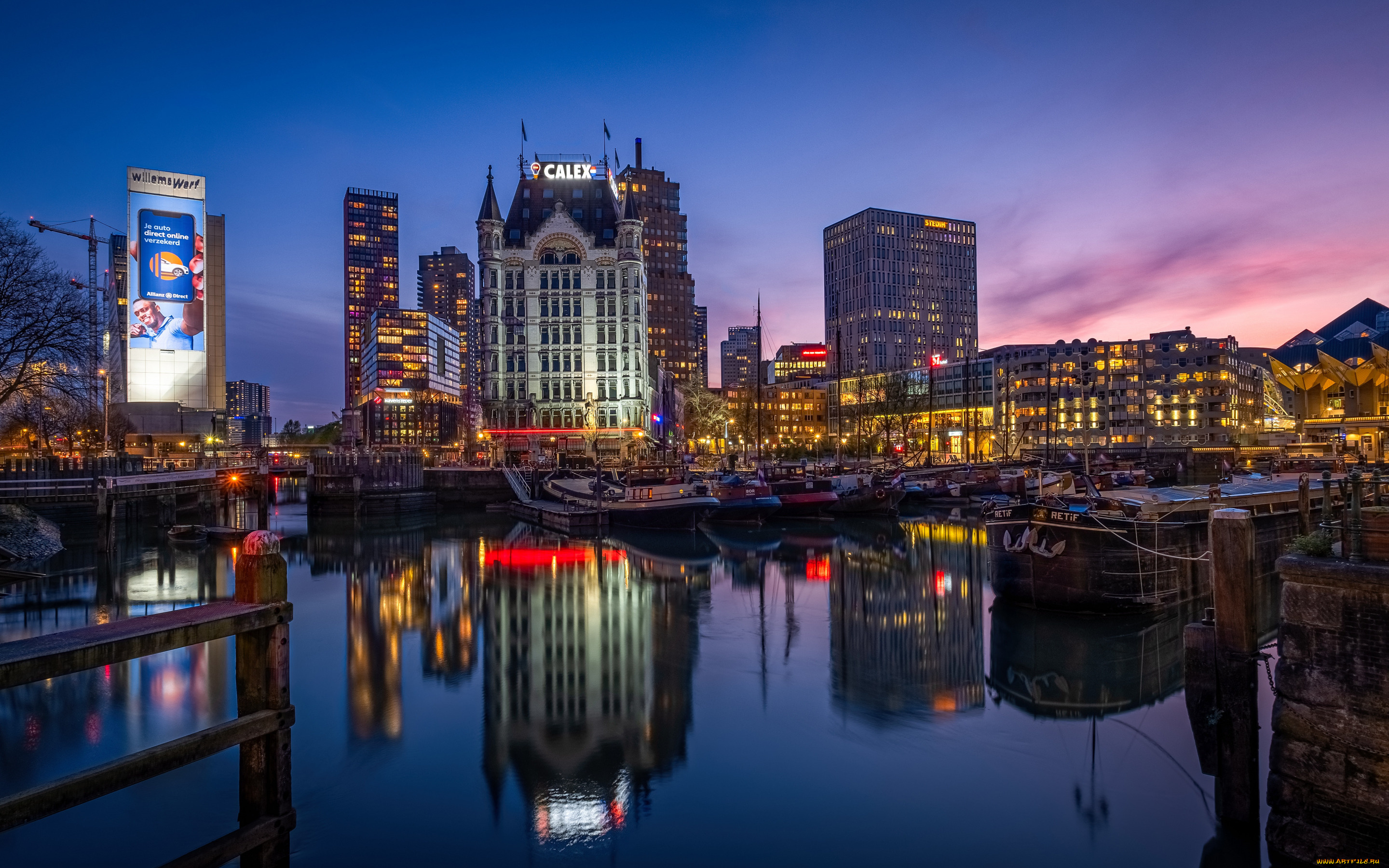 города, -, огни, ночного, города, роттердам, старая, гавань, вечер, закат, лодки, здания, городской, вид, ваинхавен, нидерланды