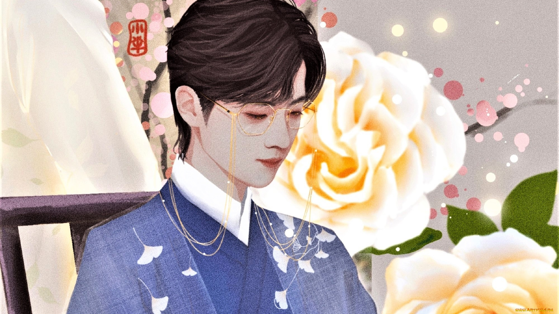 рисованное, люди, сяо, джань, костюм, цветы, очки