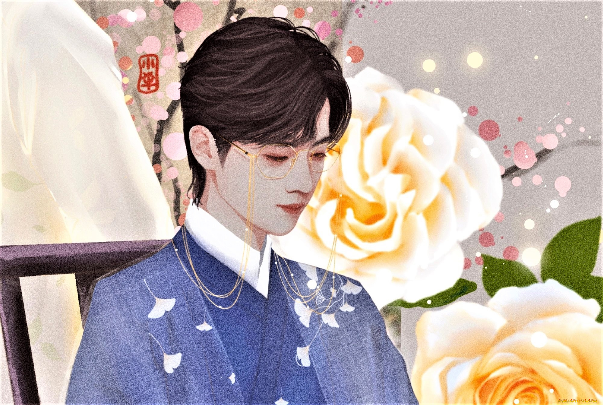 рисованное, люди, сяо, джань, костюм, цветы, очки