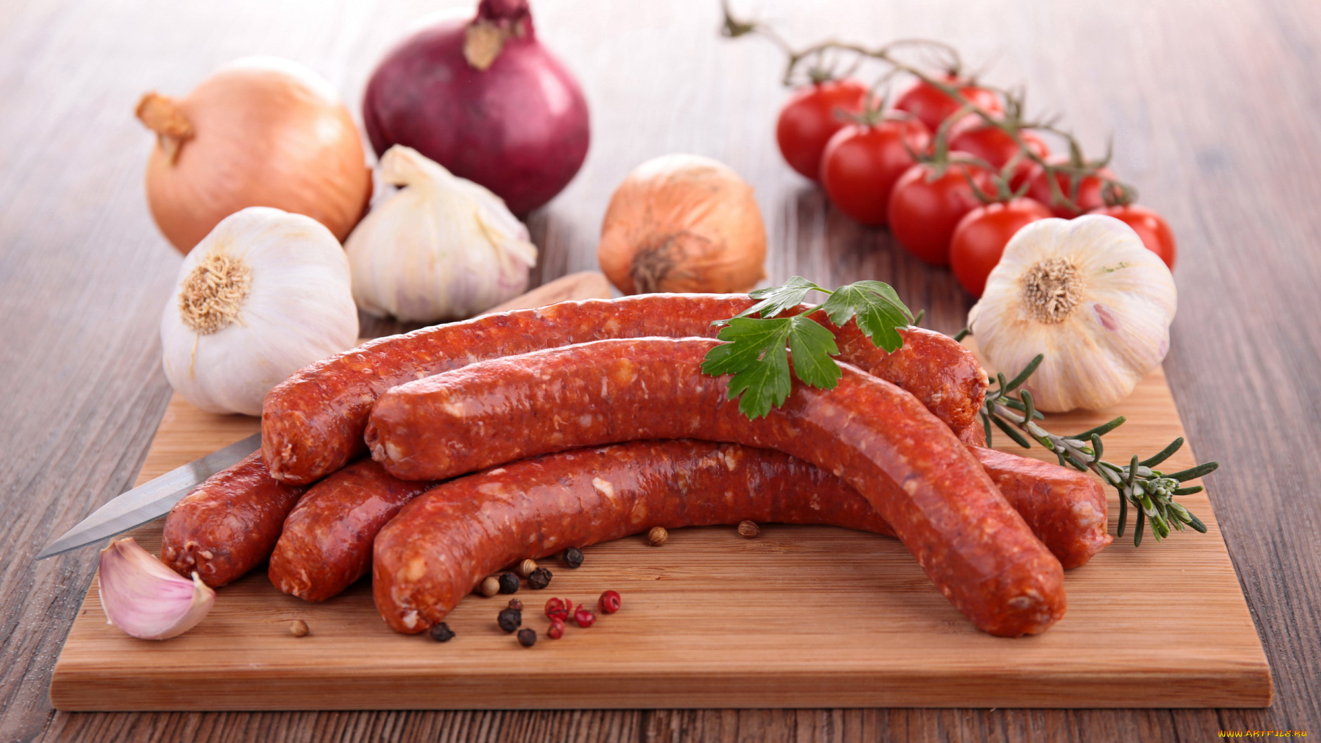 еда, колбасные, изделия, лук, чеснок, помидоры, колбаса, копченая
