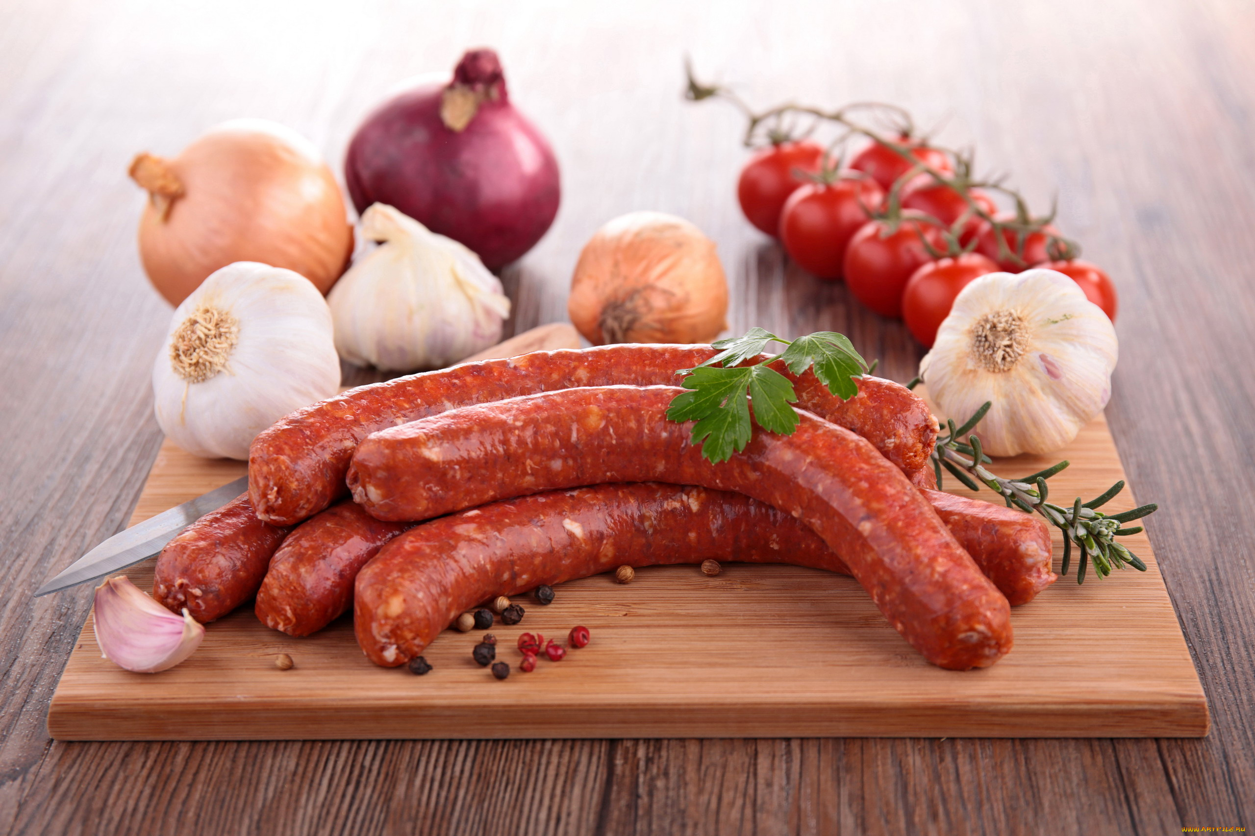еда, колбасные, изделия, лук, чеснок, помидоры, колбаса, копченая