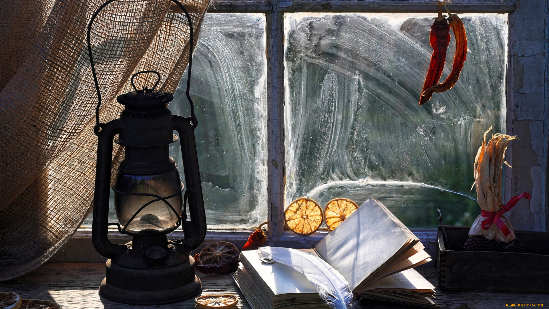 разное, канцелярия, , книги, окно, подоконник, занавеска, фонарь, книга, перо, перцы, апельсины