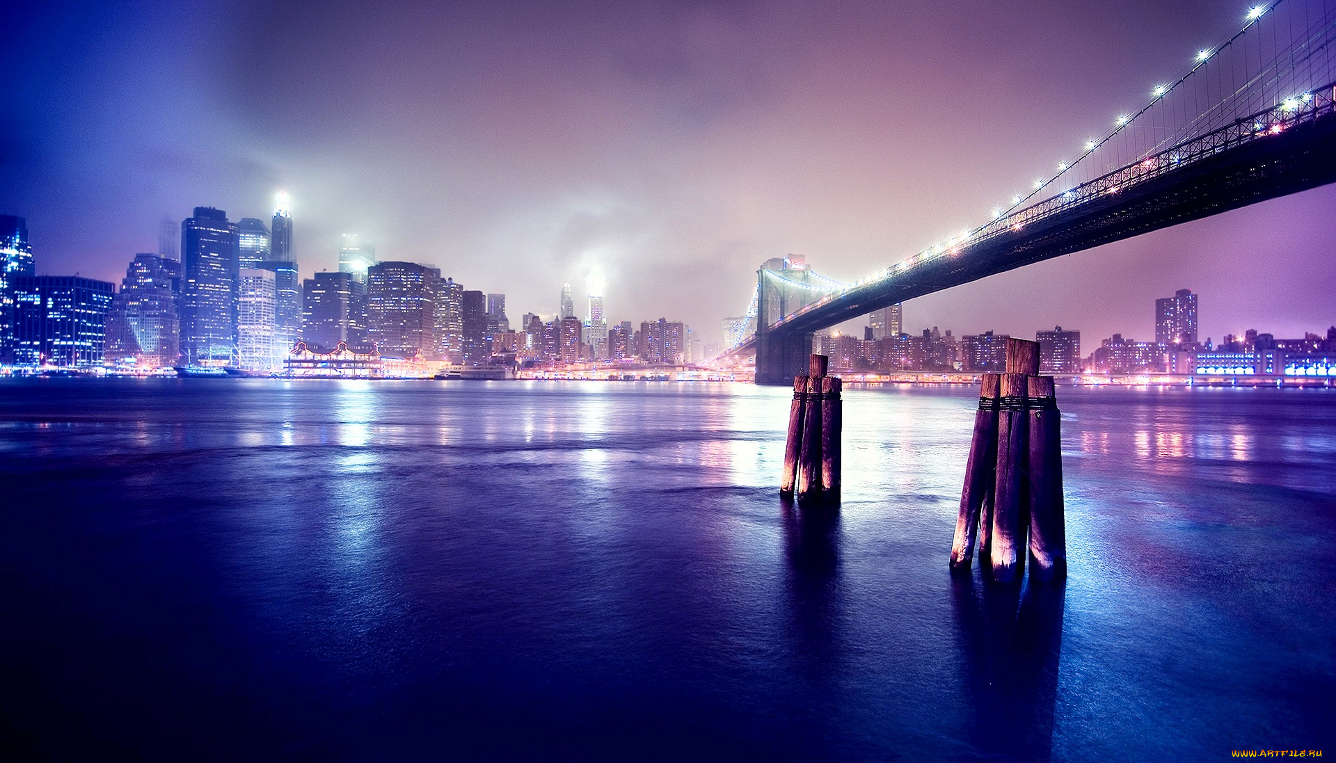 города, нью-йорк, , сша, мост, река, дома, здания, огни