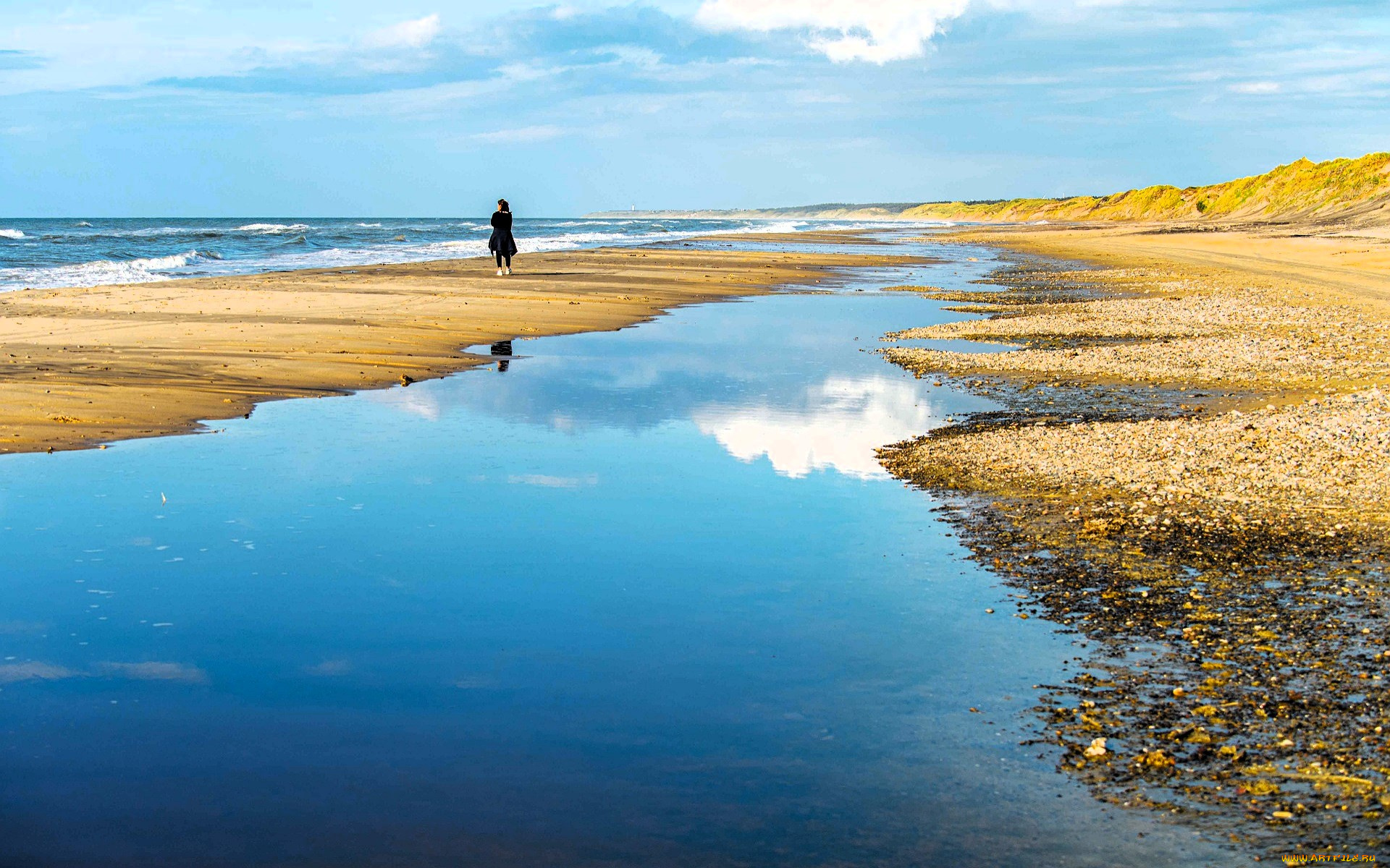 природа, побережье, море, берег, пляж, лужа, женщина