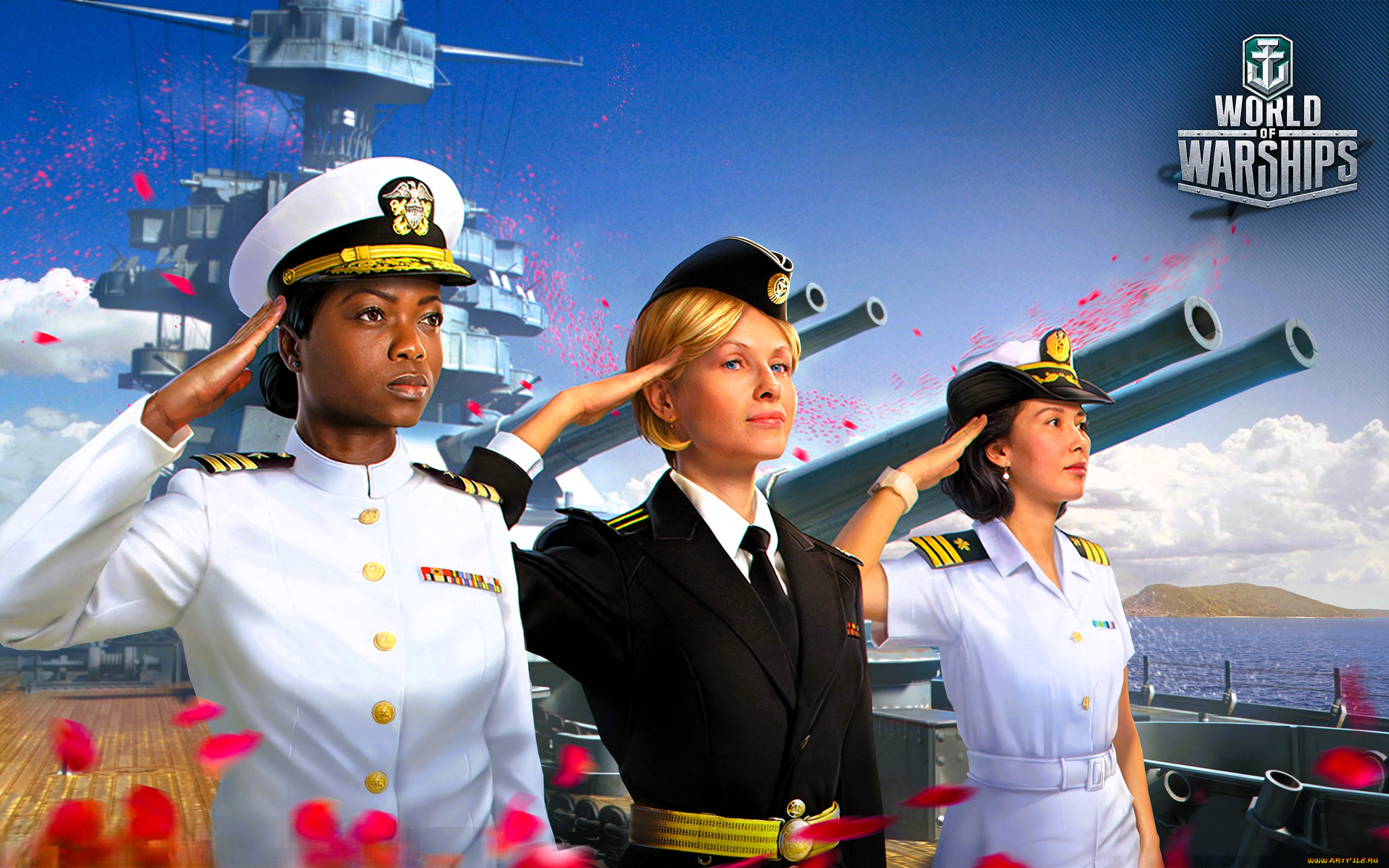 видео, игры, world, of, warships, девушки, военные, форма, награды, лепестки, корабль, пушки, море