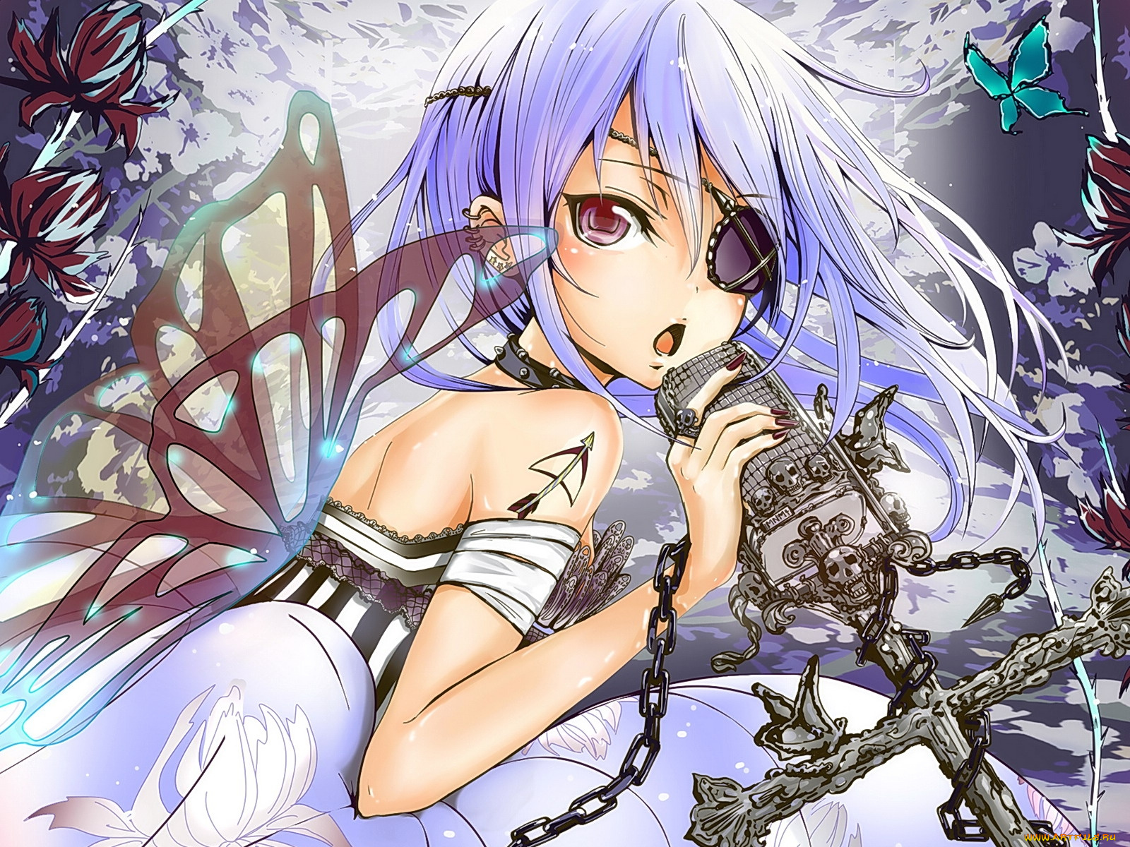 аниме, headphones, instrumental, микрофон, повязка, бабочка, девушка