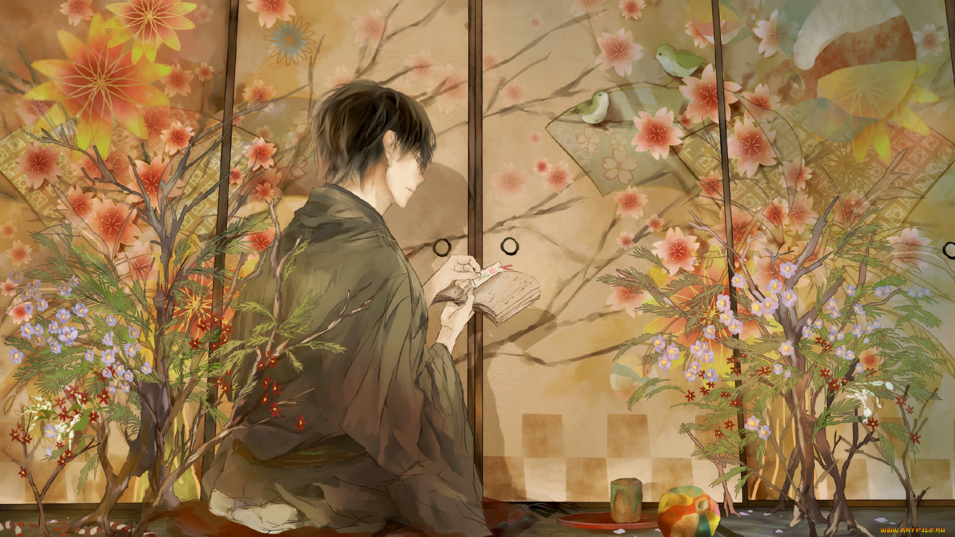 аниме, *unknown, другое, книга, цветы, мужчина