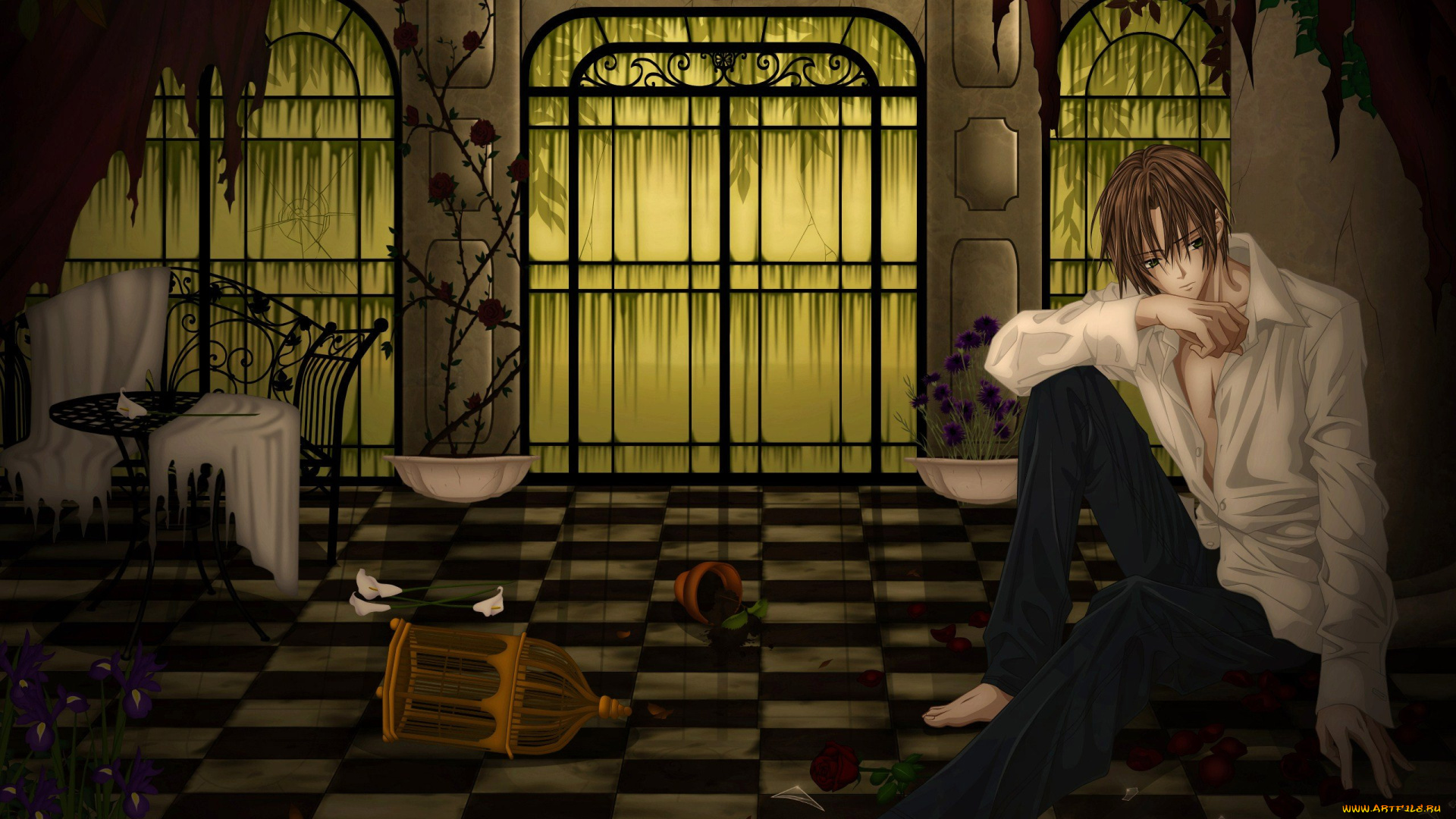 аниме, uragiri, wa, boku, no, namae, wo, shitteiru, ирисы, клетка, парень