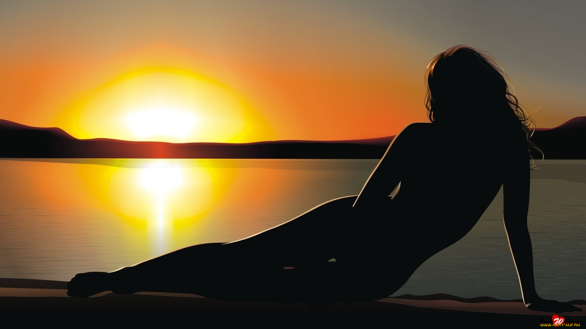 векторная, графика, девушка, закат