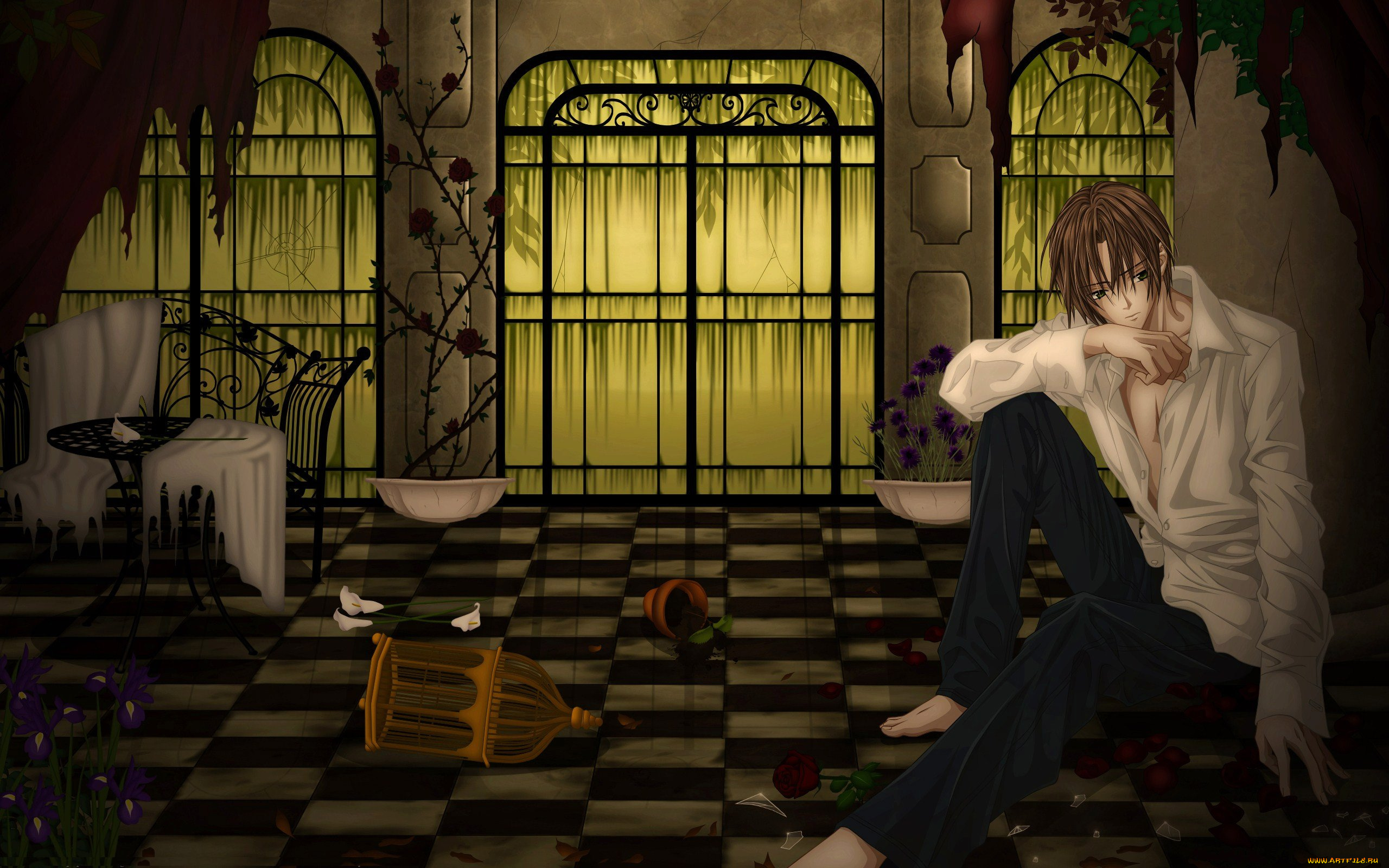 аниме, uragiri, wa, boku, no, namae, wo, shitteiru, ирисы, клетка, парень