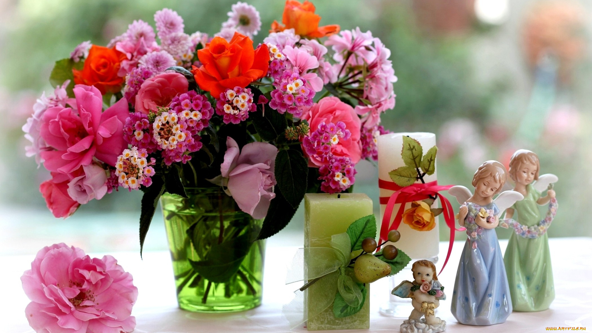цветы, букеты, композиции, лантана, хризантемы, розы, ангелочки, фарфор, фигурки, свечи