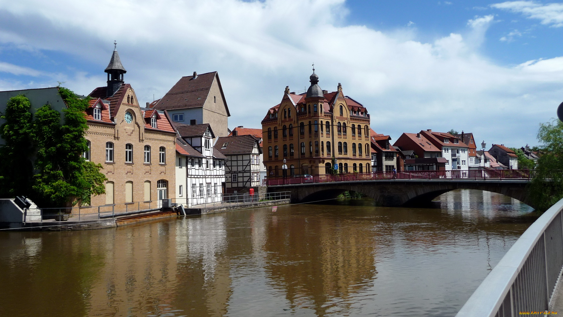 германия, гессен, эшвеге, города, улицы, площади, набережные, дома, река, мост, набережная
