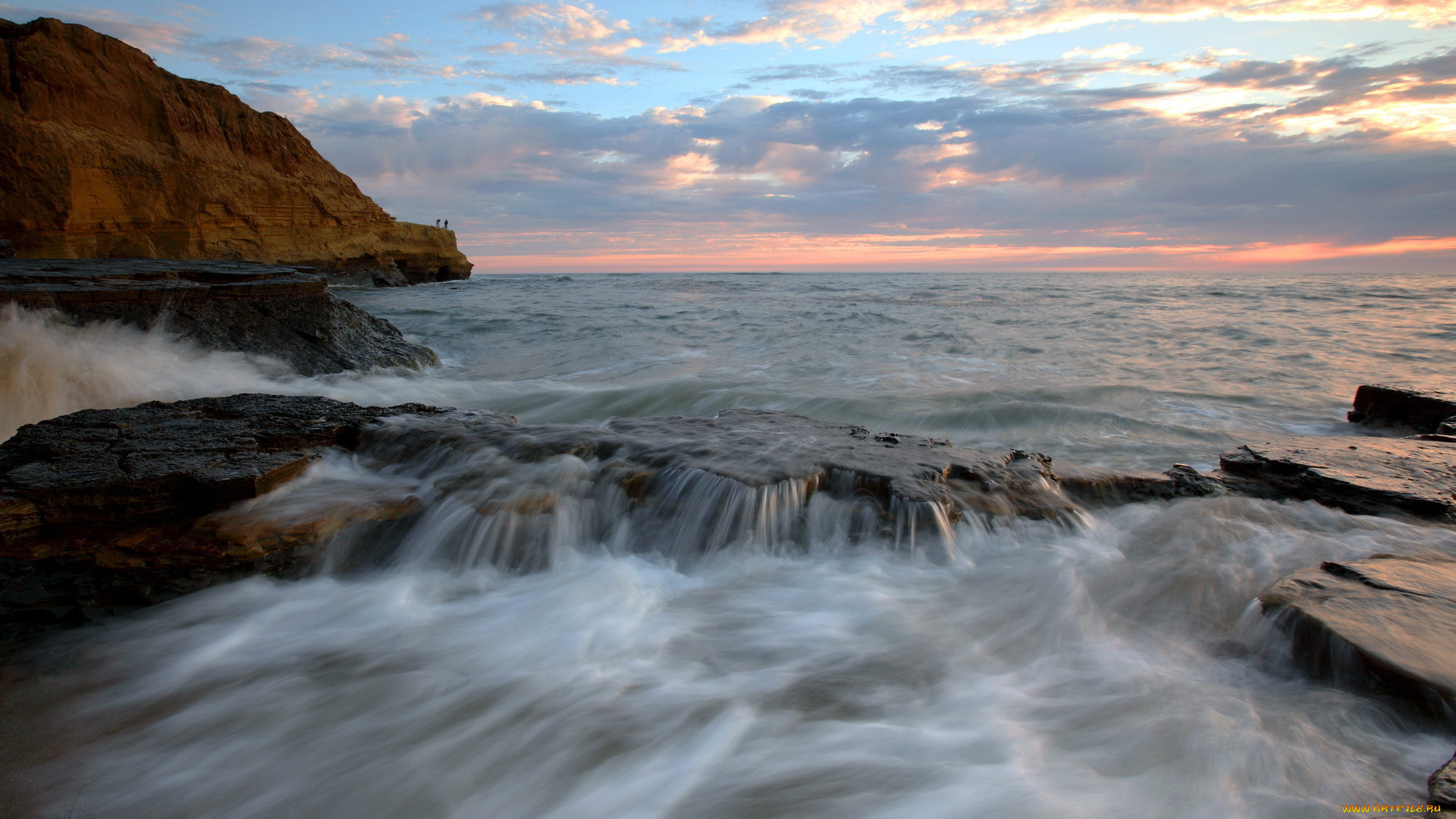 природа, побережье, море, скалы, небо, закат