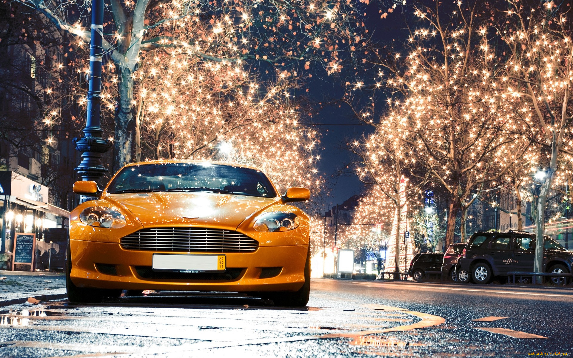 aston, martin, db9, автомобили, улица, оранжевый, лампочки