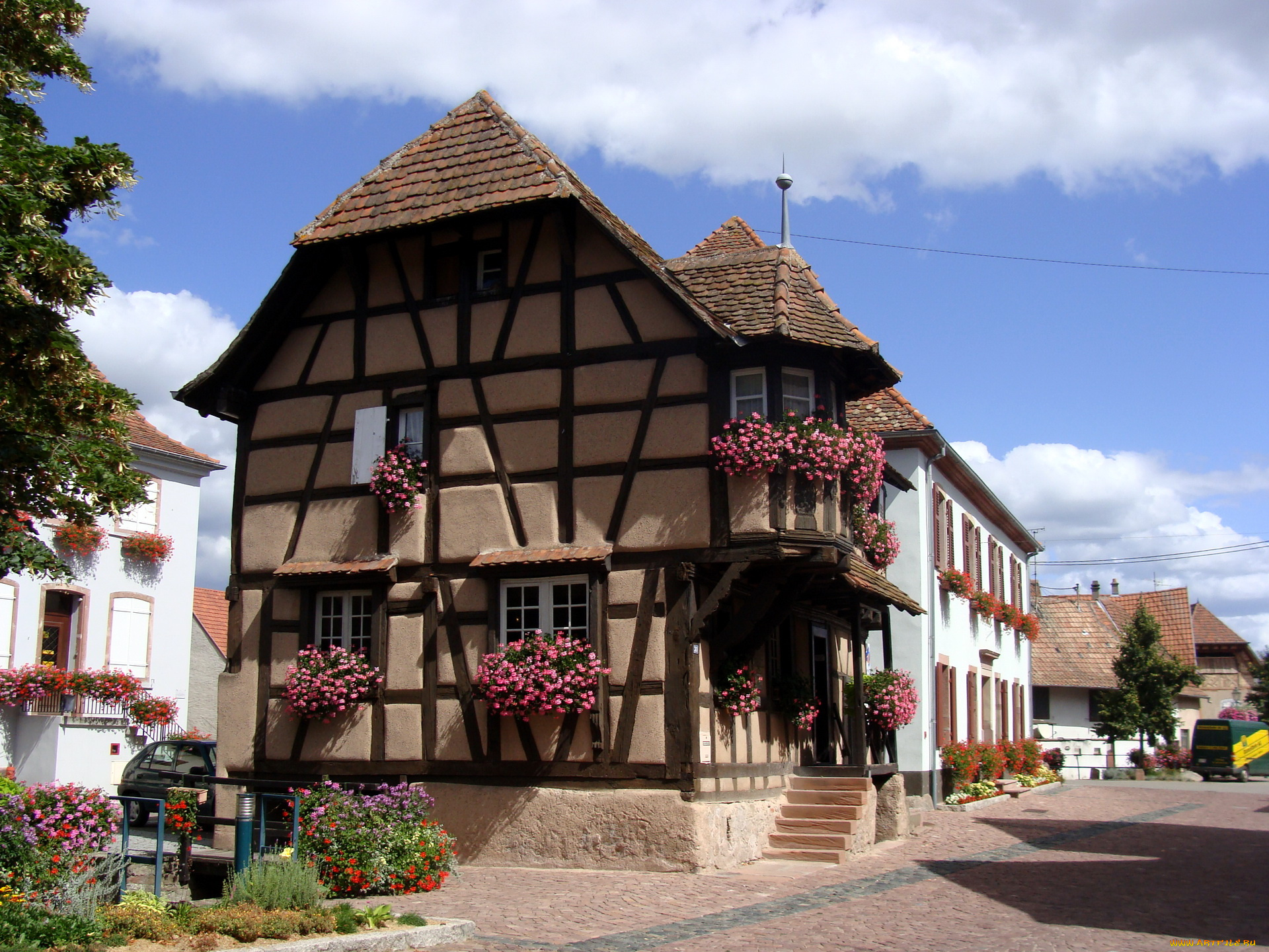 франция, эльзас, шервиллер, города, здания, дома, улица, цветы