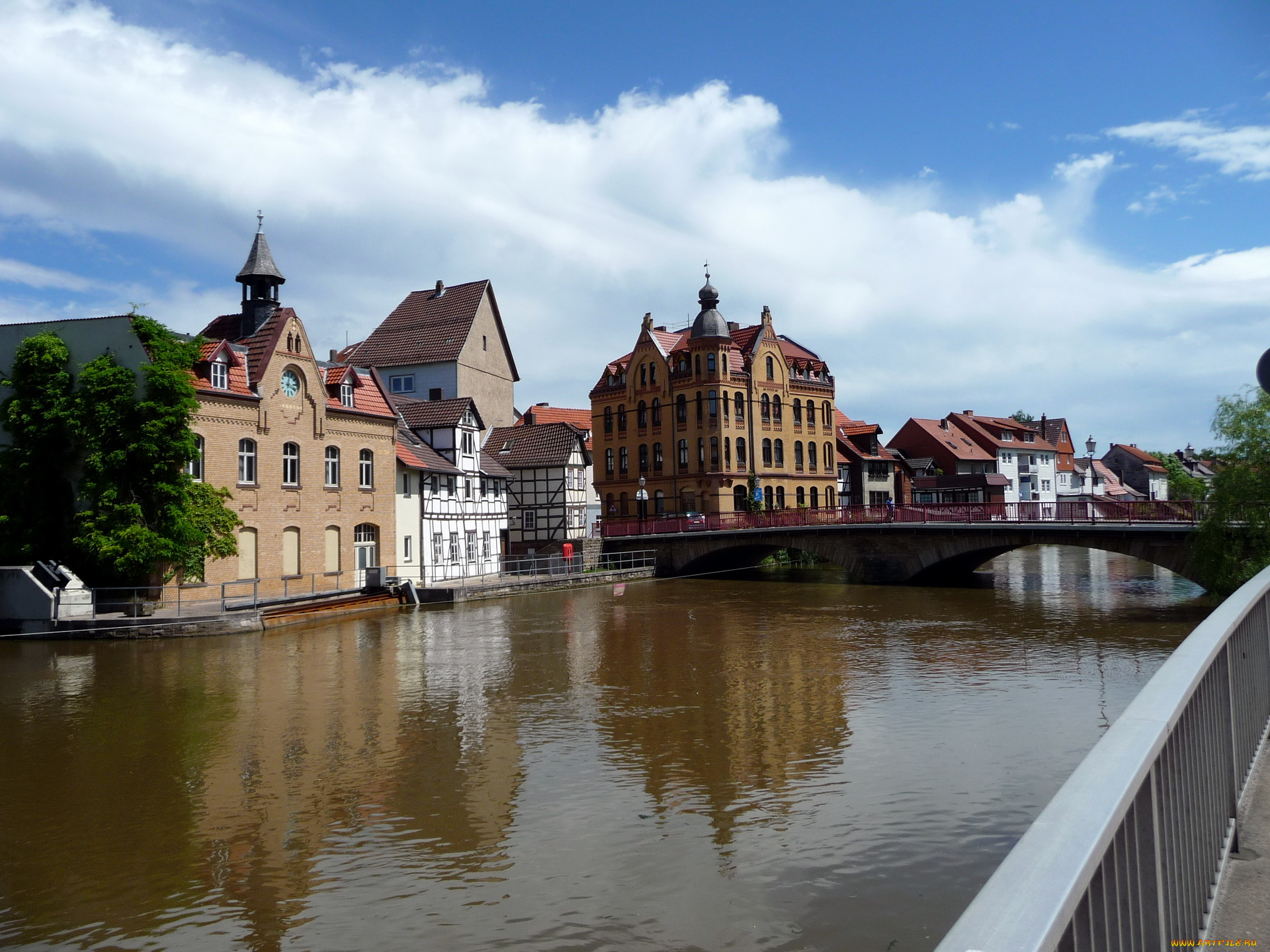 германия, гессен, эшвеге, города, улицы, площади, набережные, дома, река, мост, набережная