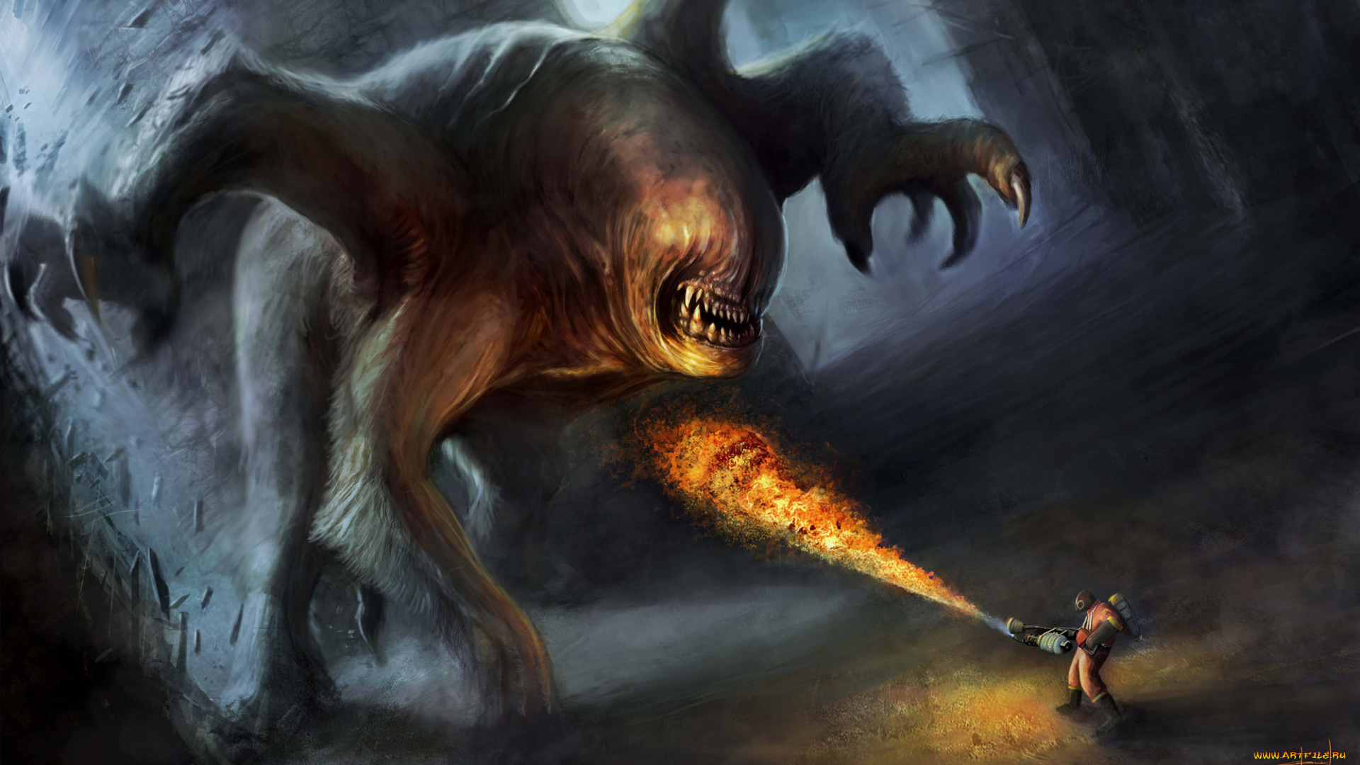 фэнтези, существа, когти, клыки, огонь, огнемет