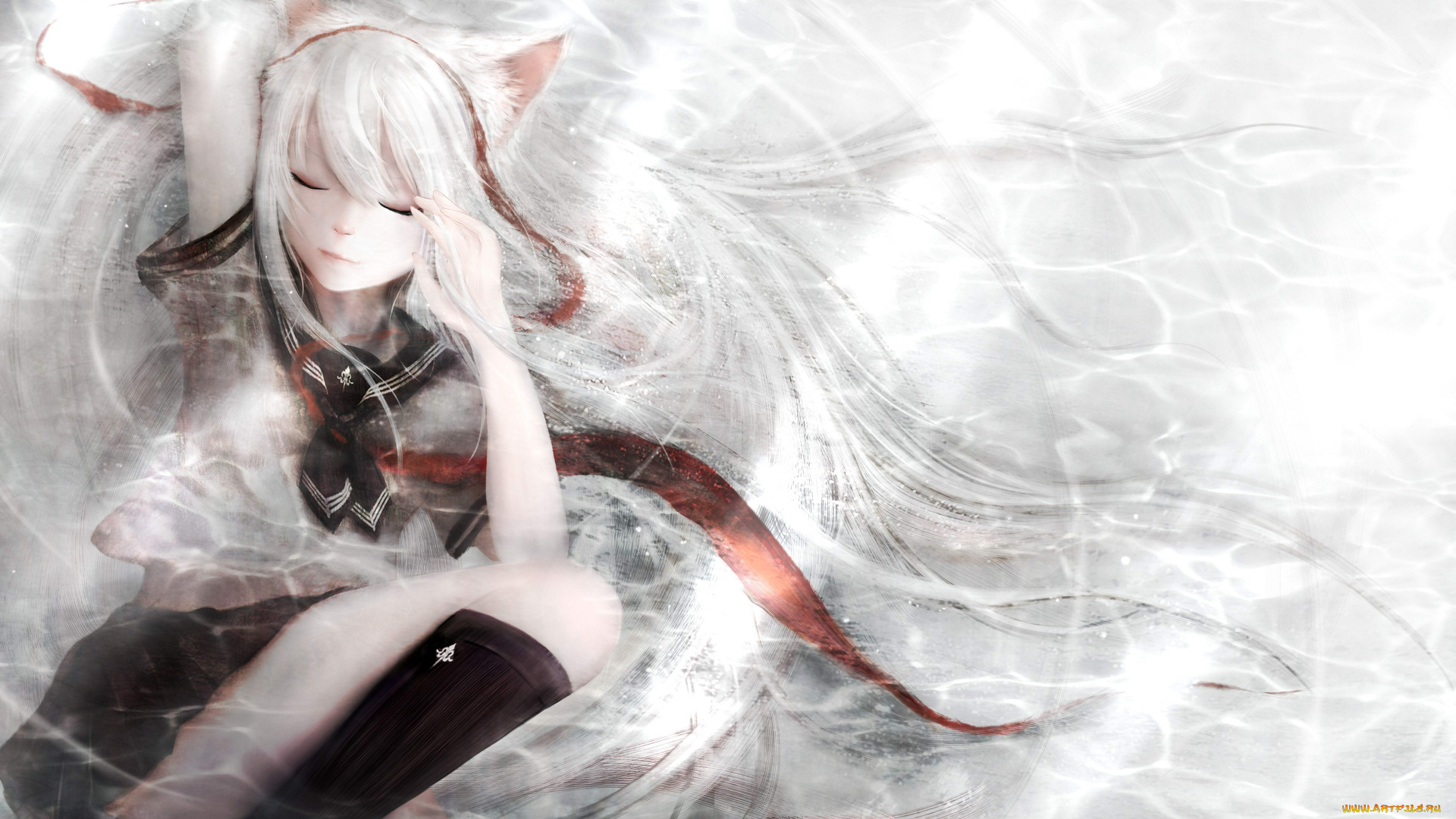 аниме, -animals, &, creatures, ушки, неко, улыбка, девушка, zhang, xiao, bo, art, матроска, волосы