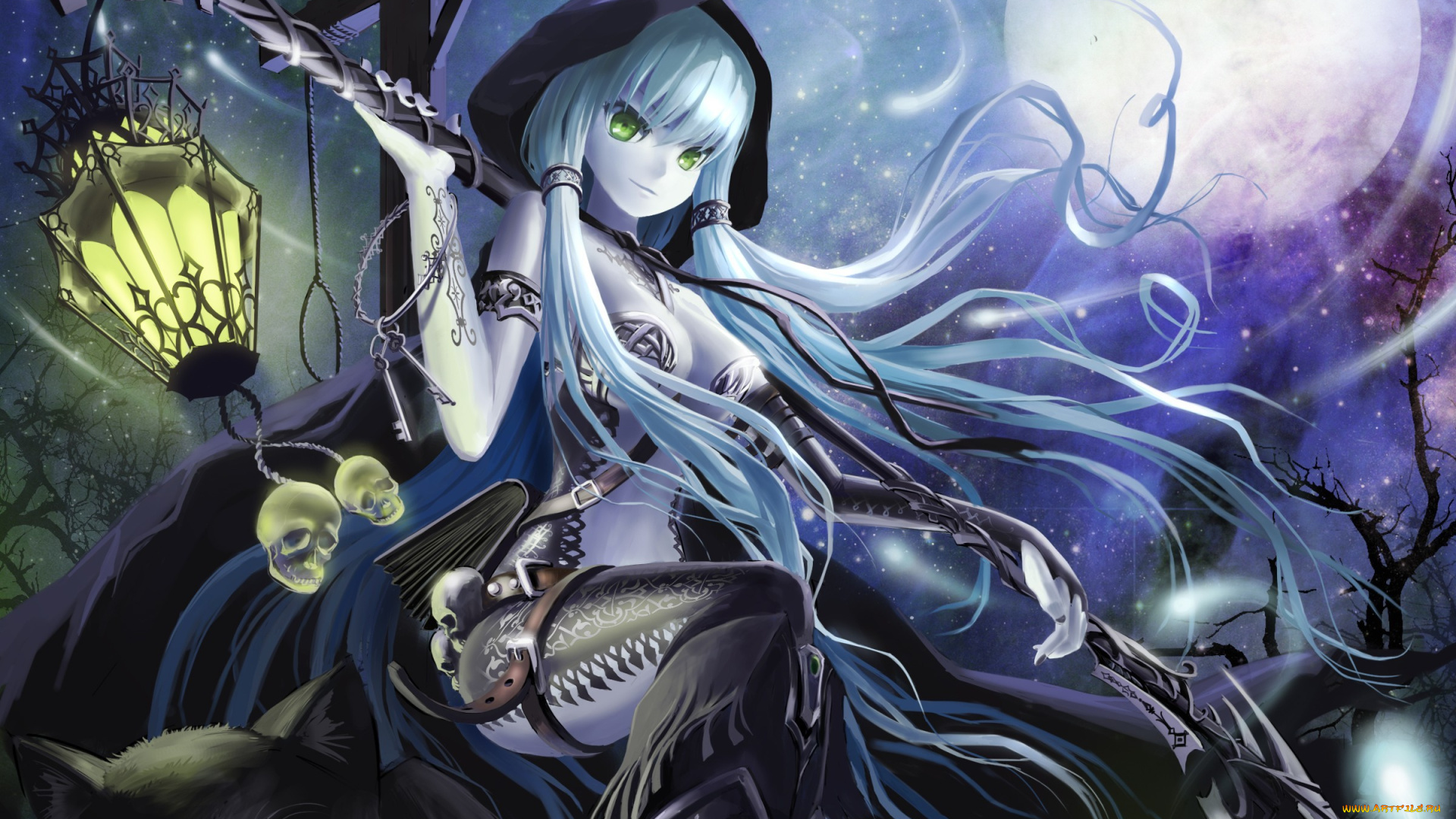 аниме, -halloween, &, magic, ost02, арт, кошка, девушка, фонарь, луна, ночь, крест, черепа