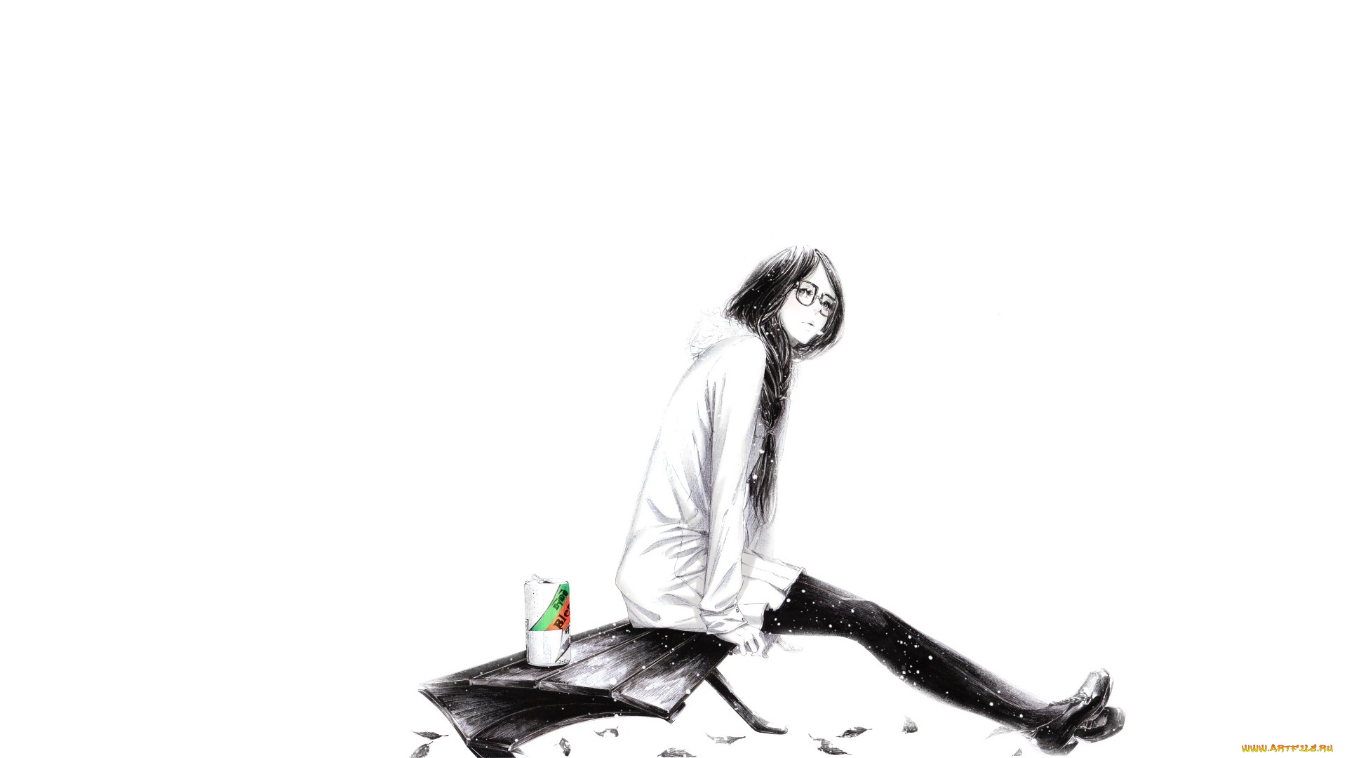 аниме, bleach, арт, сидит, девушка, белый, фон, черно-белая, снег