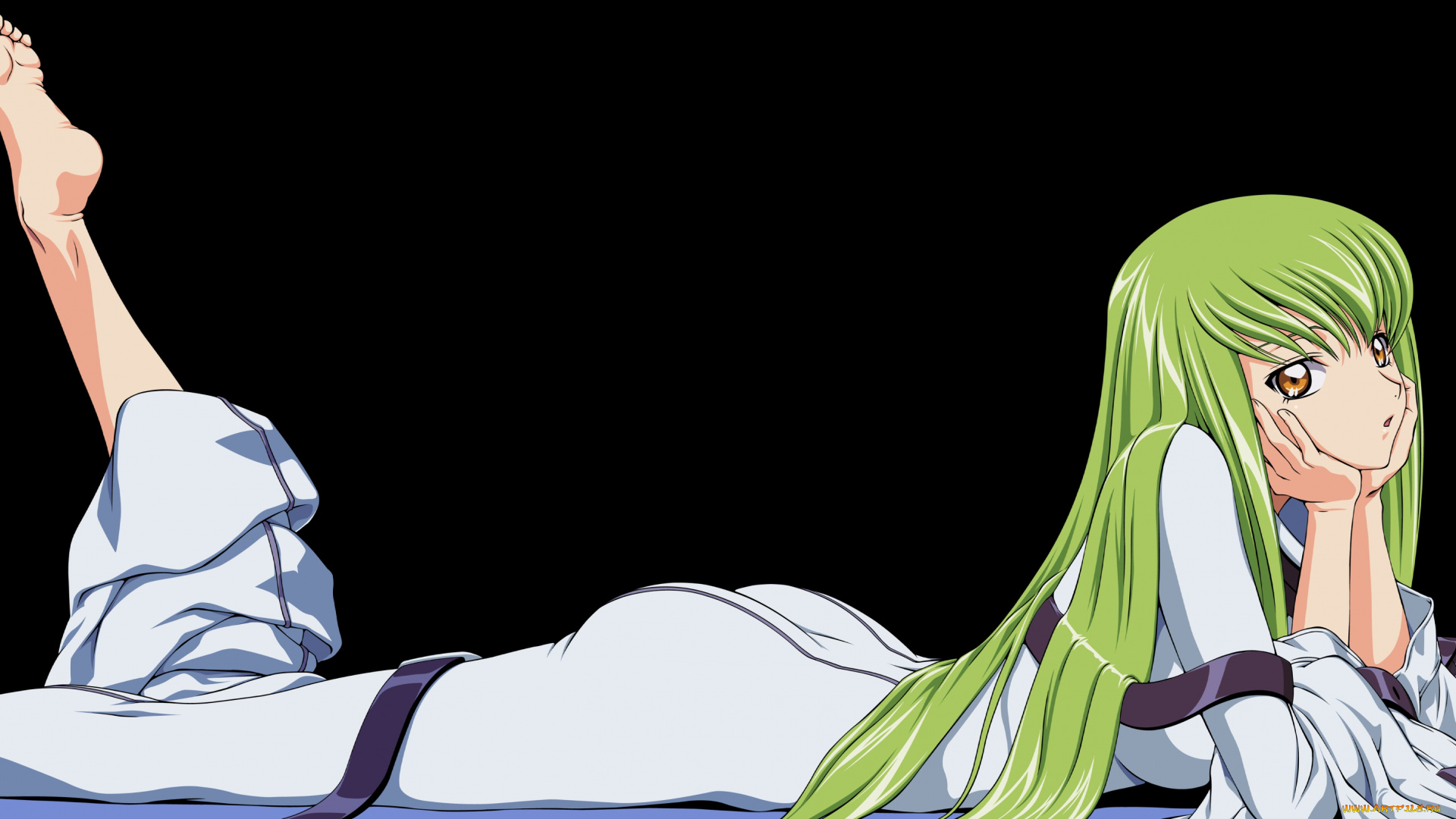 аниме, code, geass, девушка, лежит, зелёные, волосы, чёрный, фон, код, гиас, взгляд