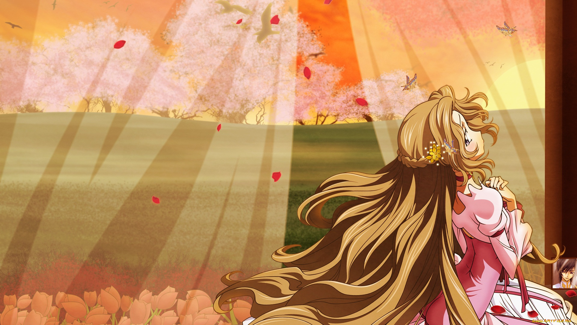 аниме, code, geass, код, гиасс, тюль, русые, волосы, шатенка, девушка, деревья, цветение, сакура, занавески, поле, окно