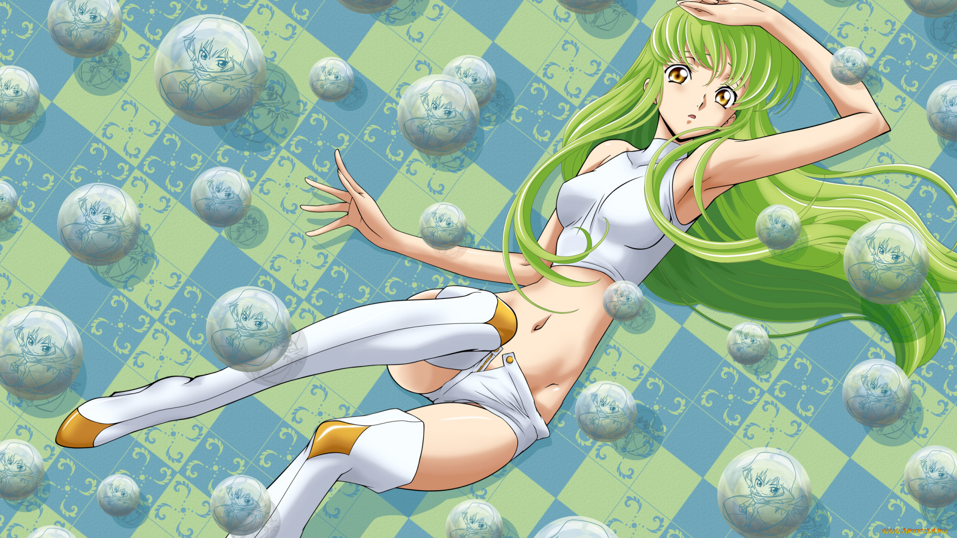 аниме, code, geass, код, гиасс, зелёные, волосы, лежит, девушка