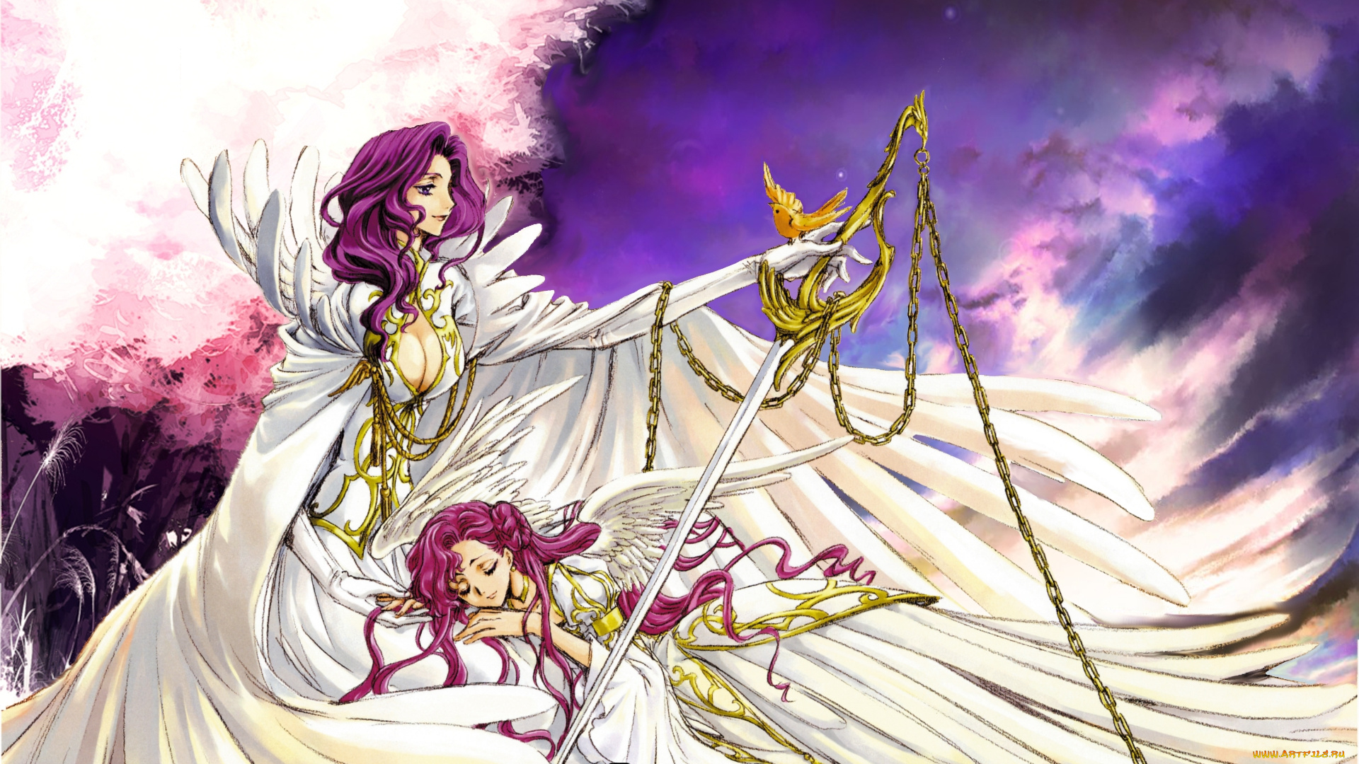 аниме, code, geass, посох, розовые, волосы, цепи, небо, крылья, ангел, девушки