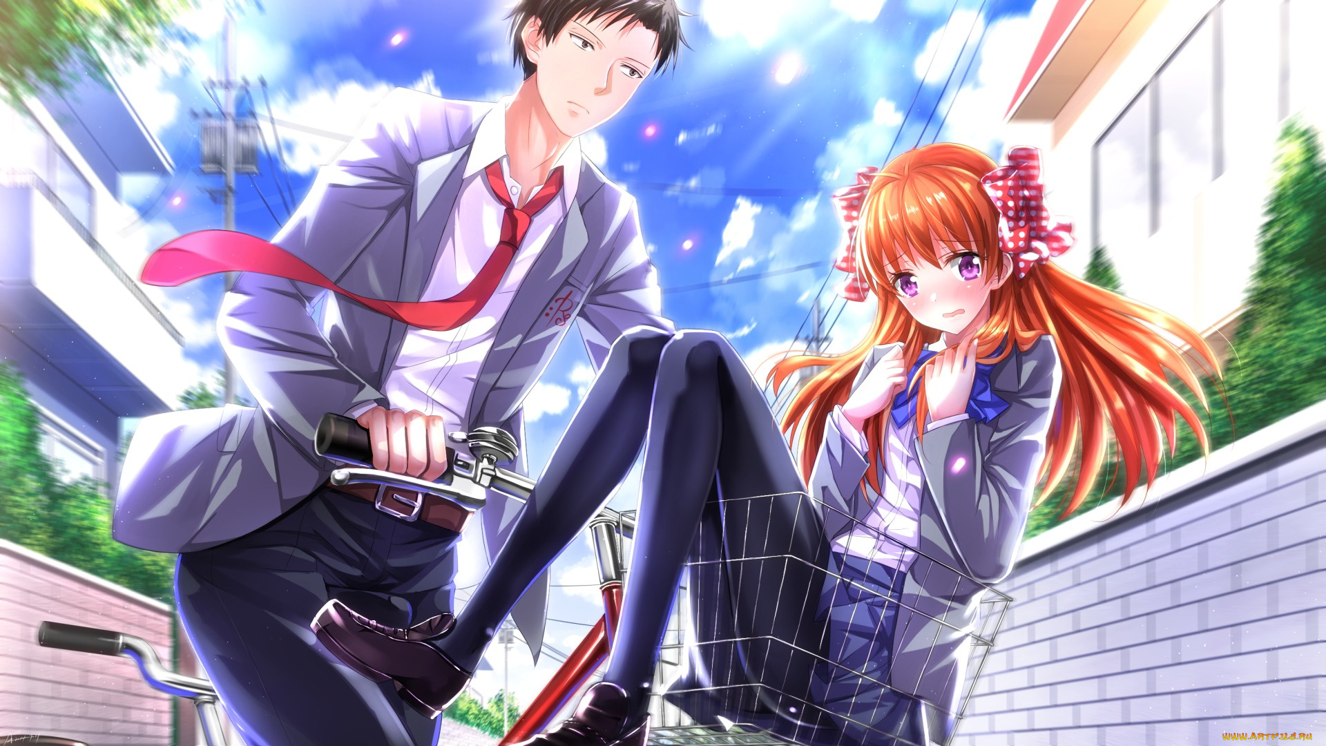 аниме, gekkan, shoujo, nozaki-kun, велосипед, gekkan, shoujo, nozaki-kun, поездка, девушка, swordsouls, art, nozaki, umetarou, парень, sakura, chiyo, безразличие, смущение