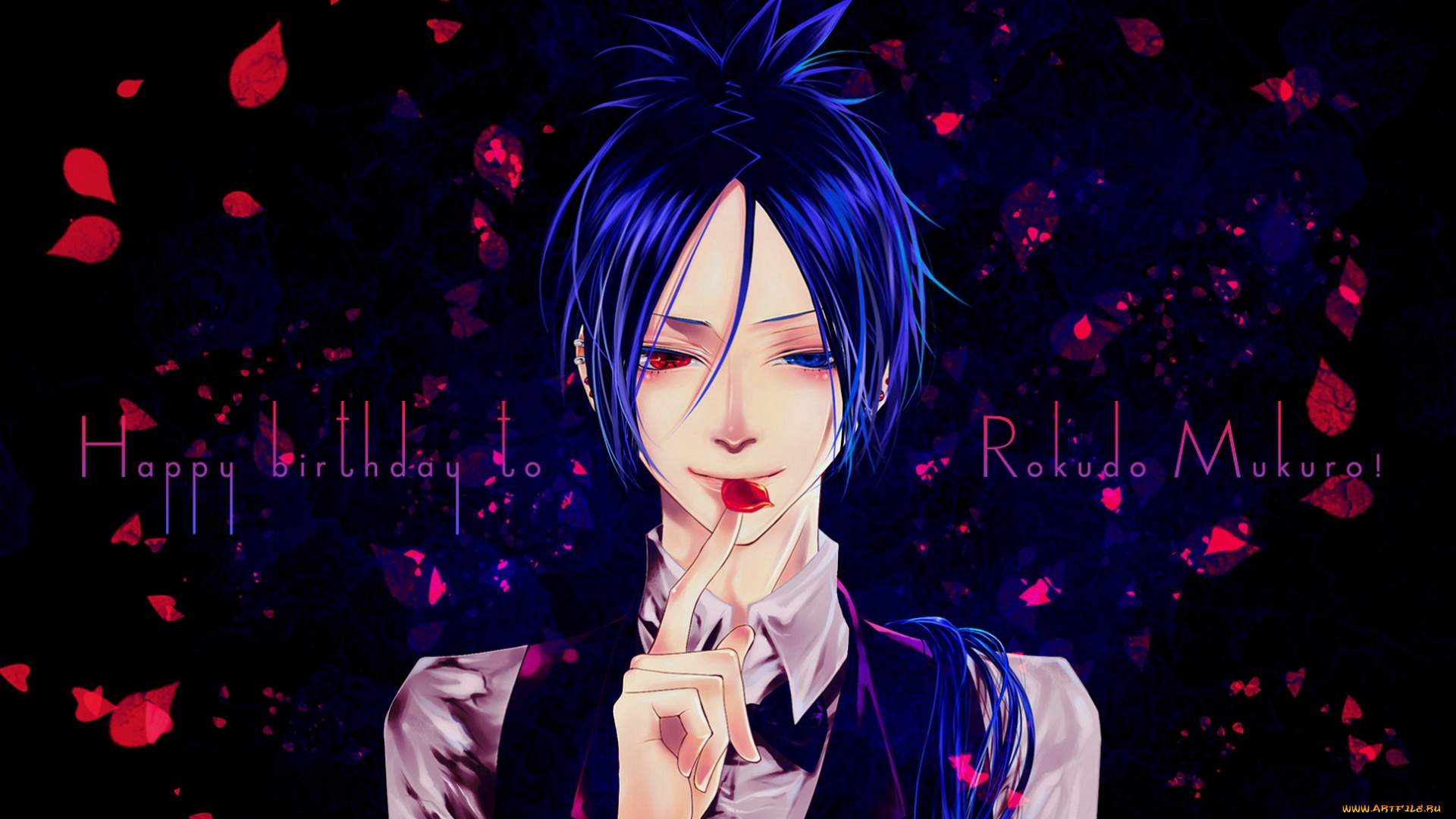 аниме, katekyo, hitman, reborn, рокудо, мукуро, учитель, мафиози, реборн, лепестки, фиолетовые, волосы, парень