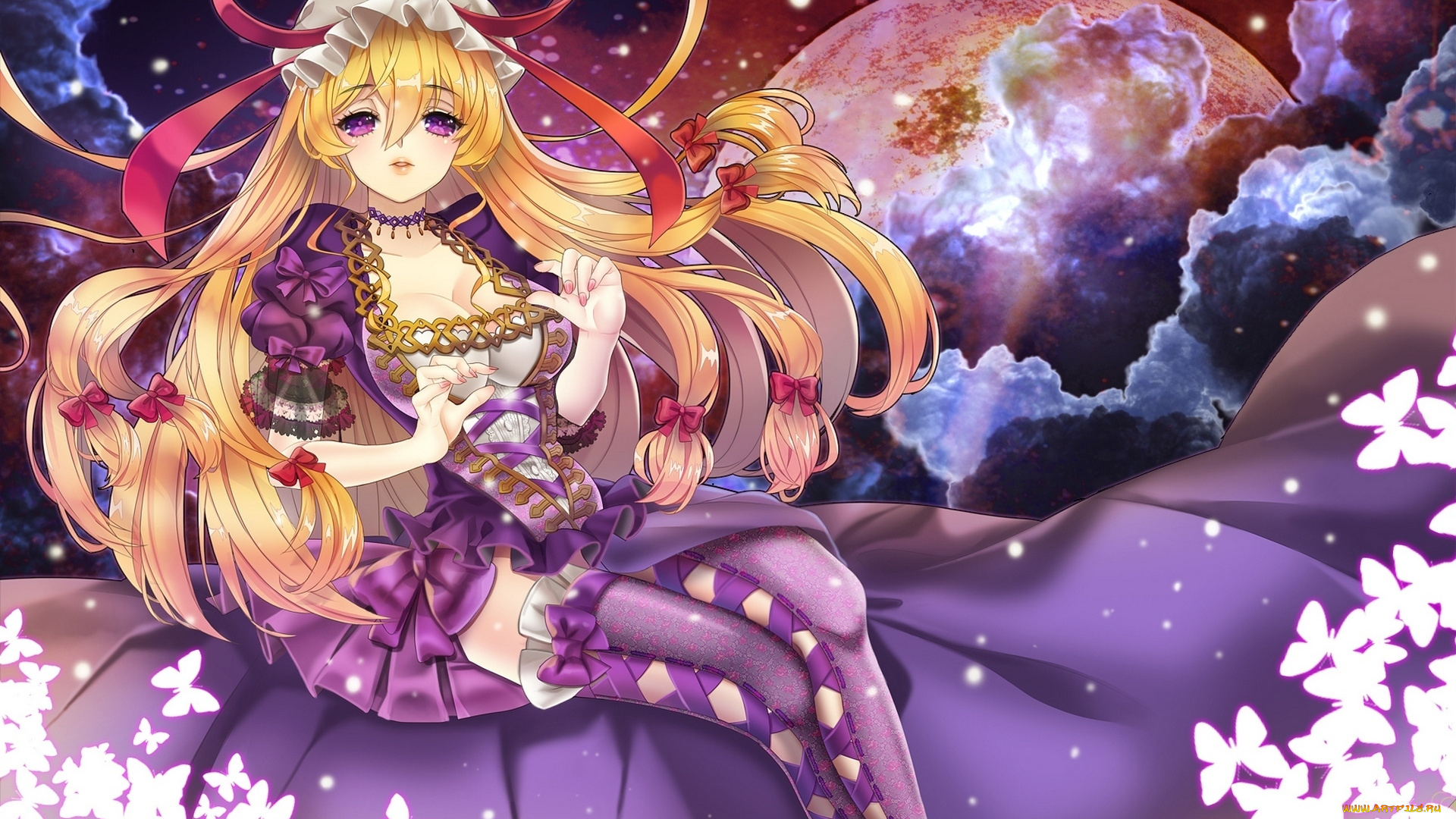 аниме, touhou, бабочки, полнолуние, платье, взгляд, жест, грудь, yakumo, yukari, девушка, primcoco, art