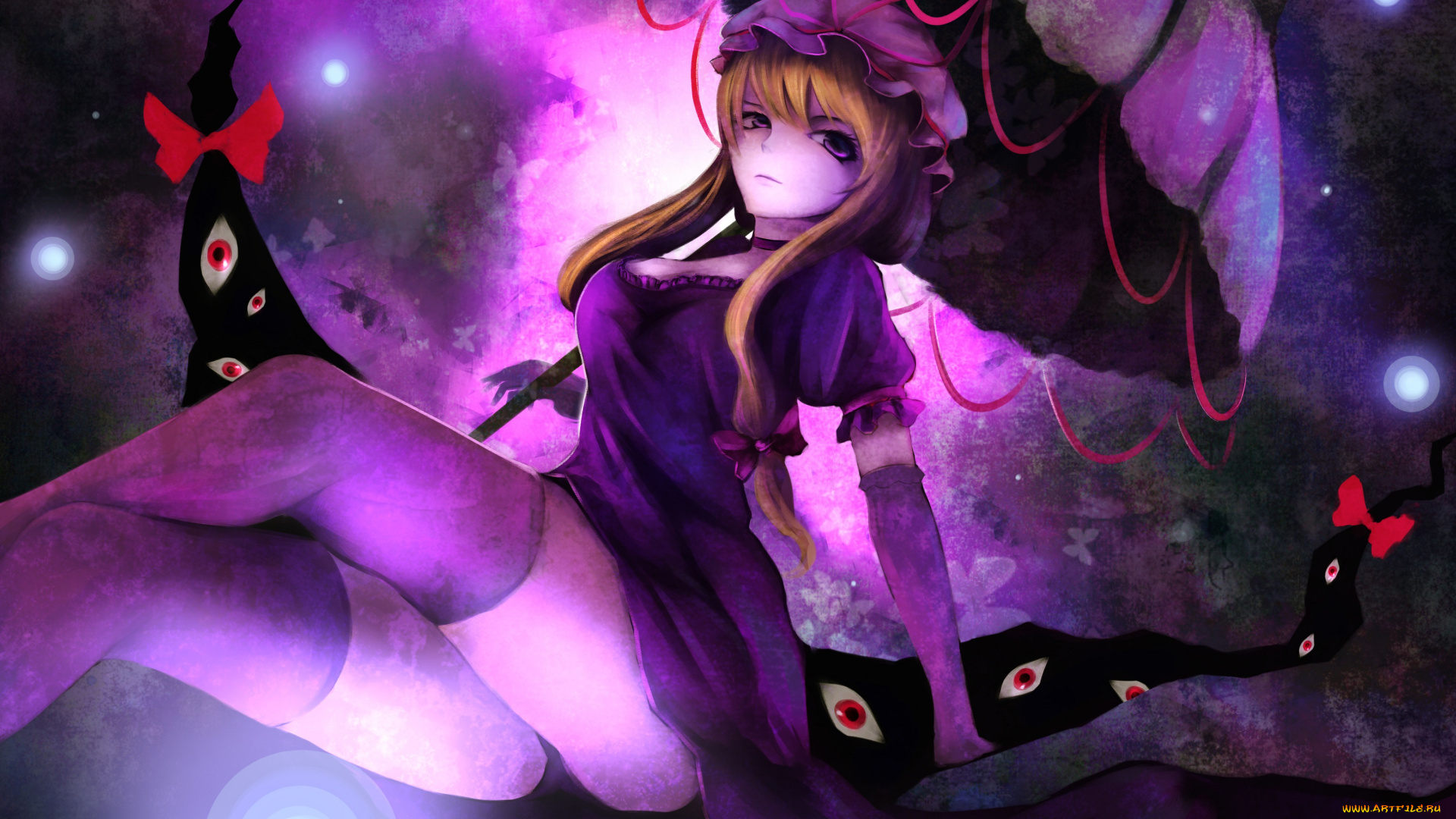 аниме, touhou, девушка, фиолетовый, фон, глаза