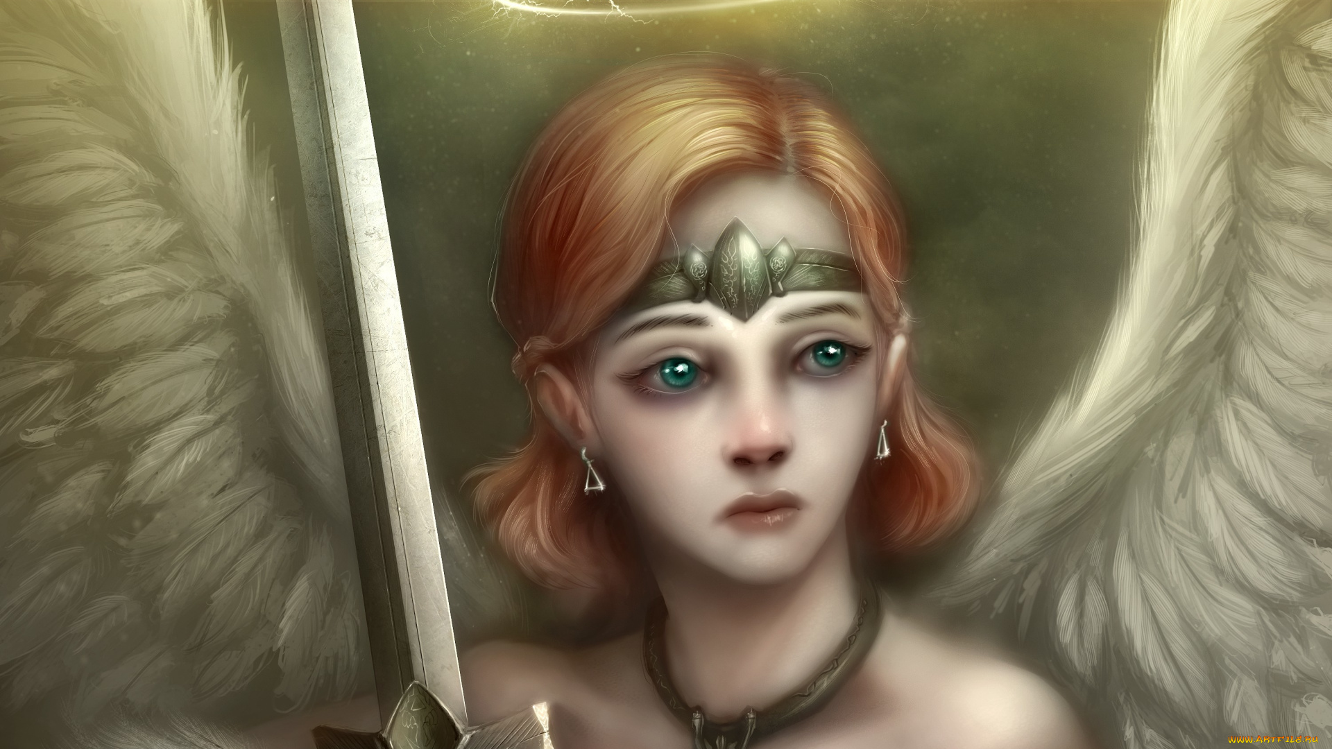 фэнтези, ангелы, арт, девушка, ангел, крылья, нимб, меч