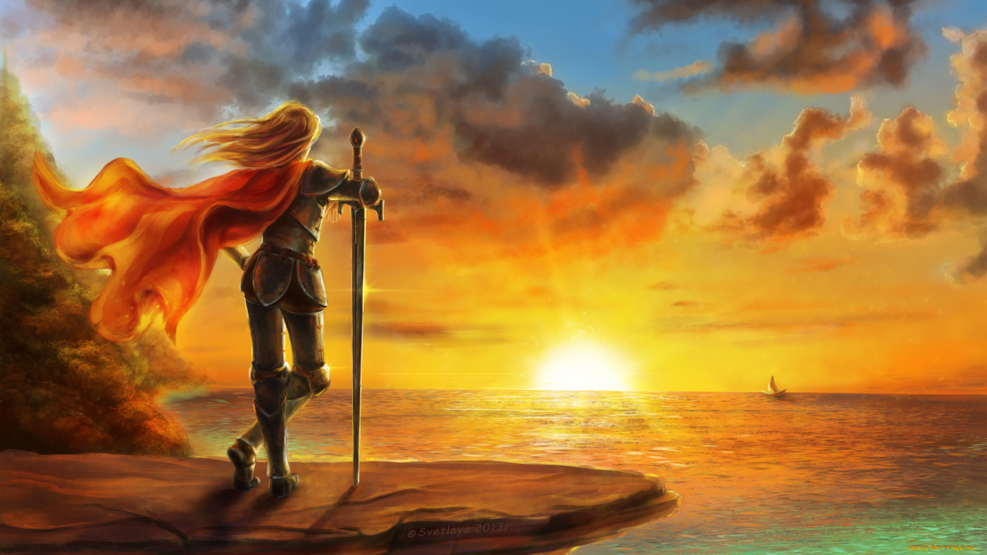 фэнтези, девушки, арт, закат, море, парусник, девушка, меч, плащ, ветер
