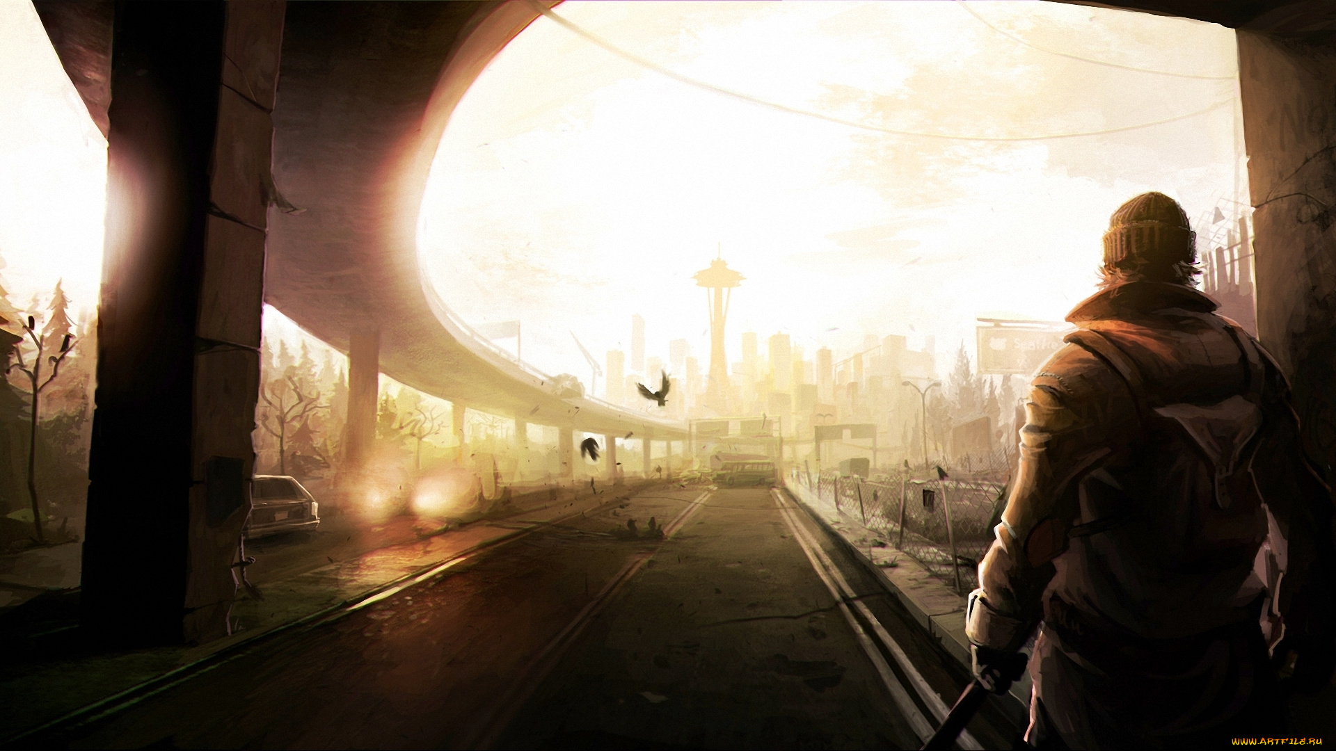 фэнтези, люди, город, постапокалипсис, будущее, рюкзак, мужчина, разрушения, автострада