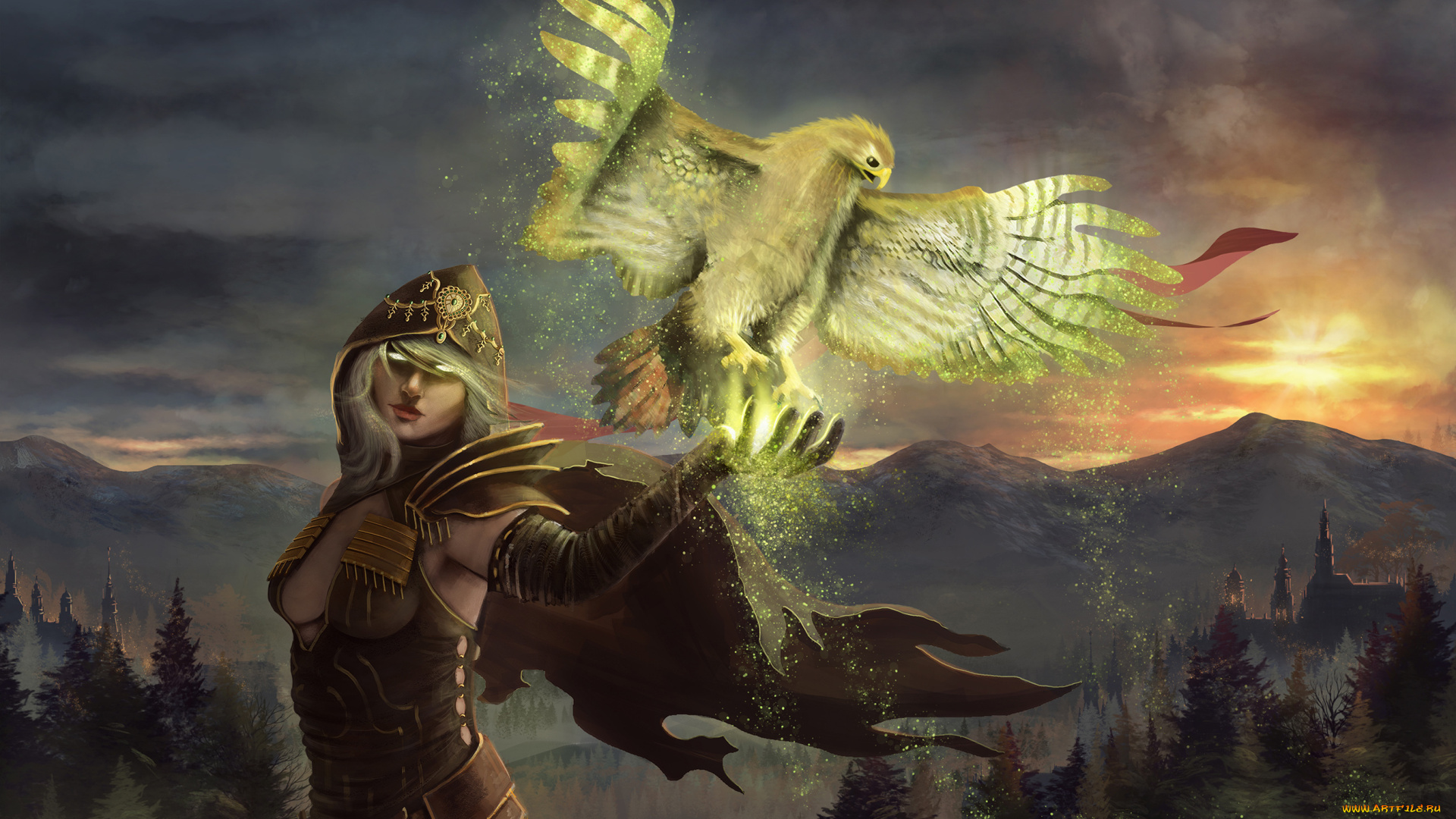 фэнтези, магия, арт, девушка, птица, капюшон, горы, лес