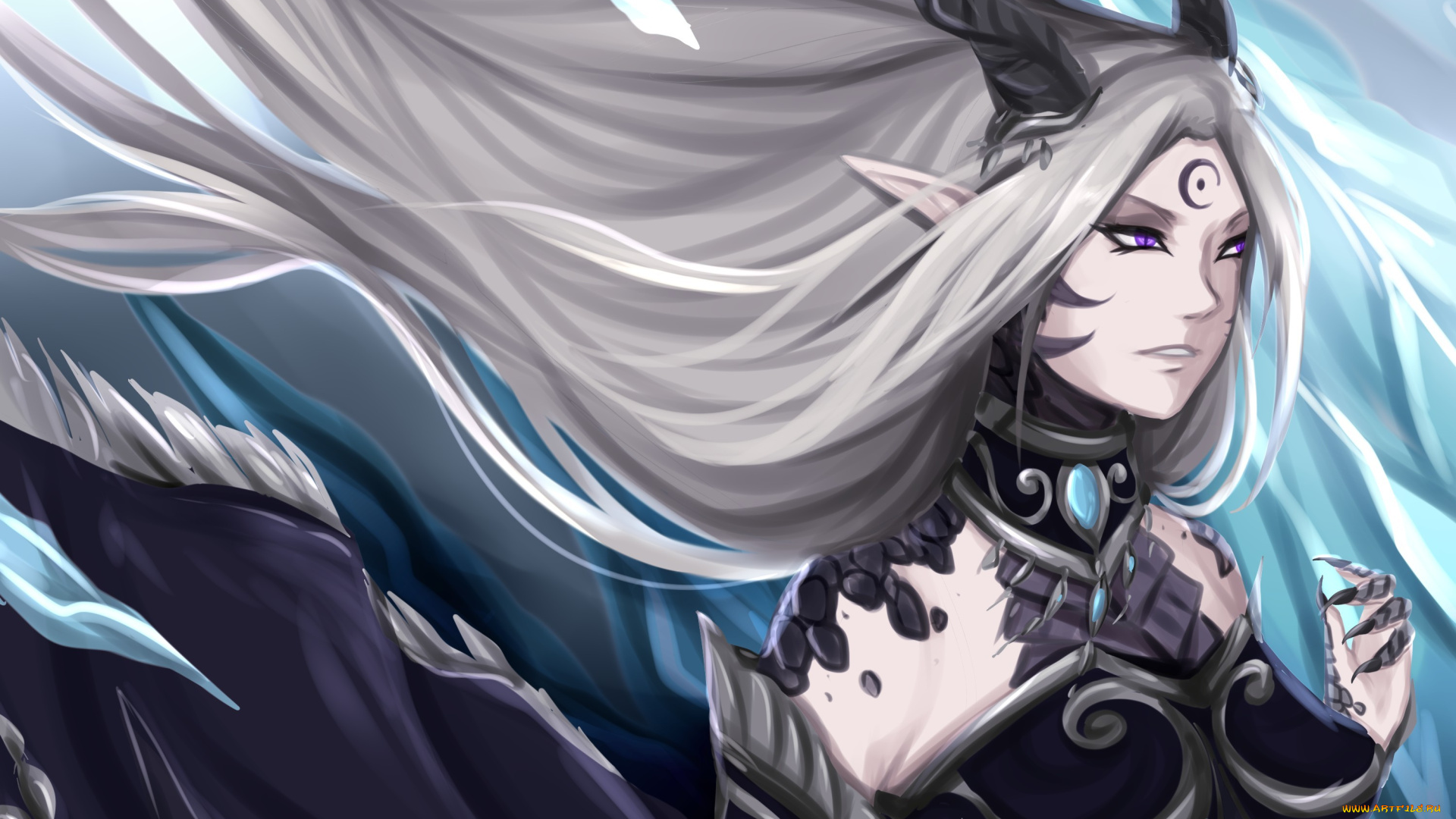 фэнтези, существа, арт, девушка, рога, волосы, когти, чешуя