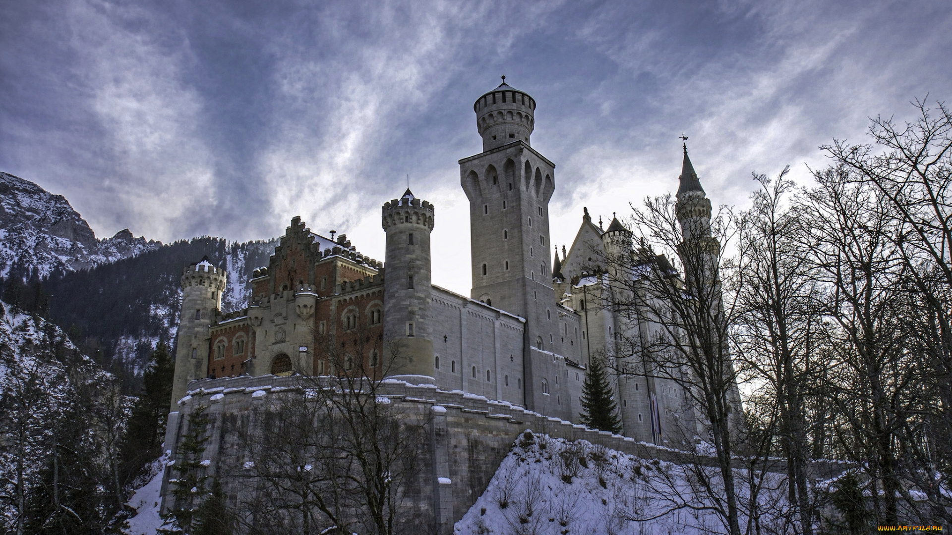 neuschwanstein, castle, , bavaria, , germany, города, замок, нойшванштайн, , германия, neuschwanstein, castle, germany, bavaria, зима, деревья, горы, бавария, замок, нойшванштайн